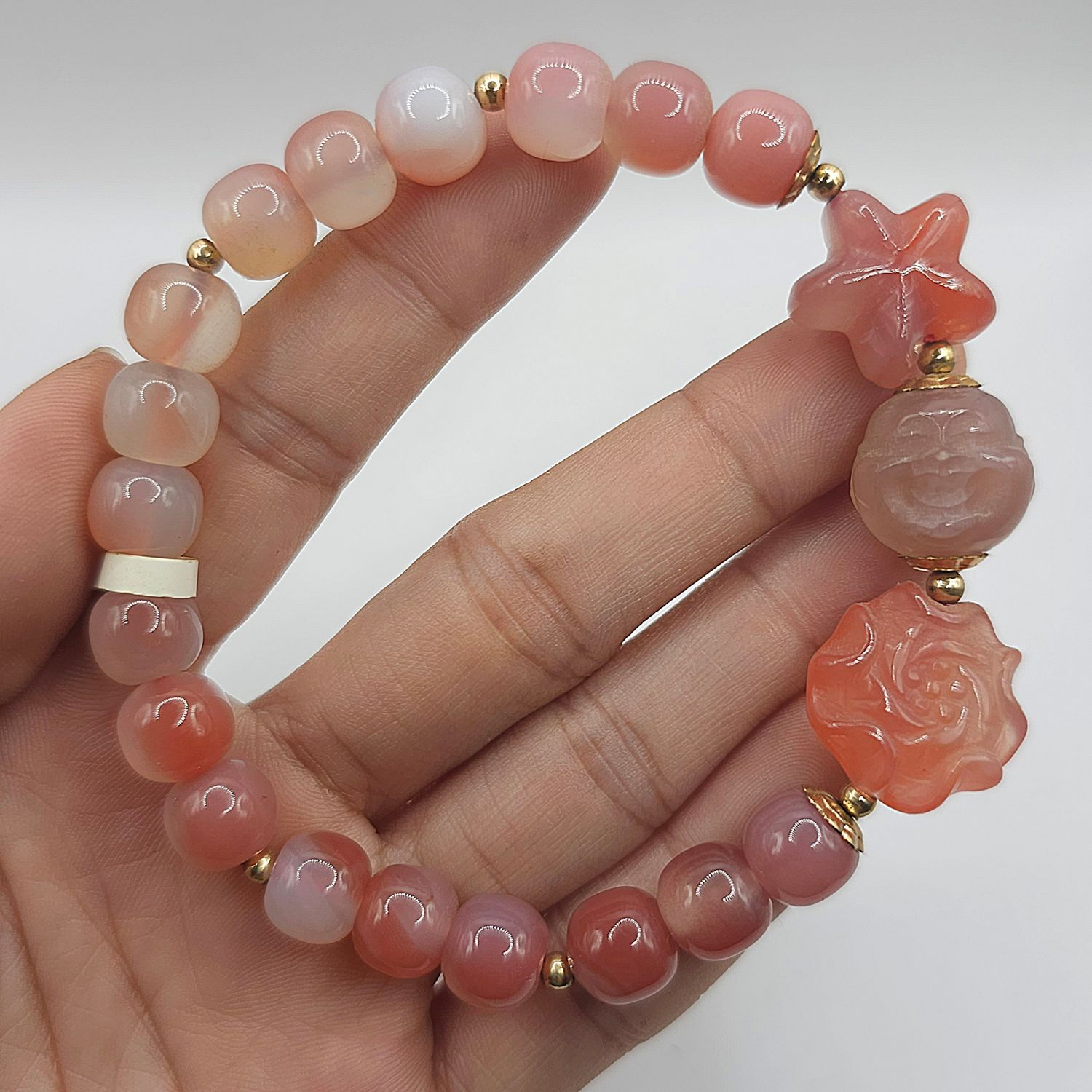 Natural Yan Yuan Agate with Laughing Buddha, Flower &amp; Star