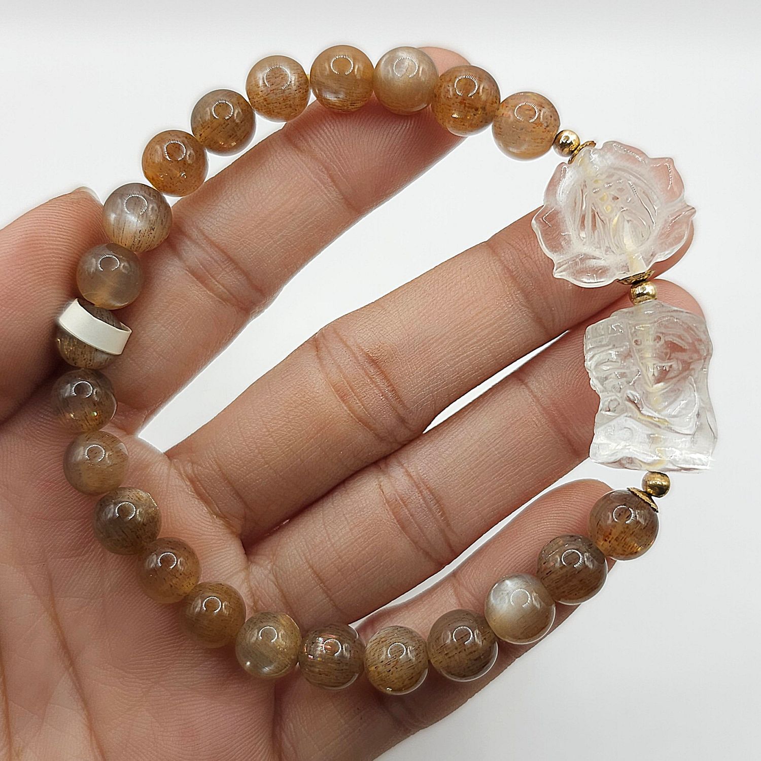 Natural Golden Black Sunstone x Clear Quartz Zakiram God of Wealth &amp; Lotus