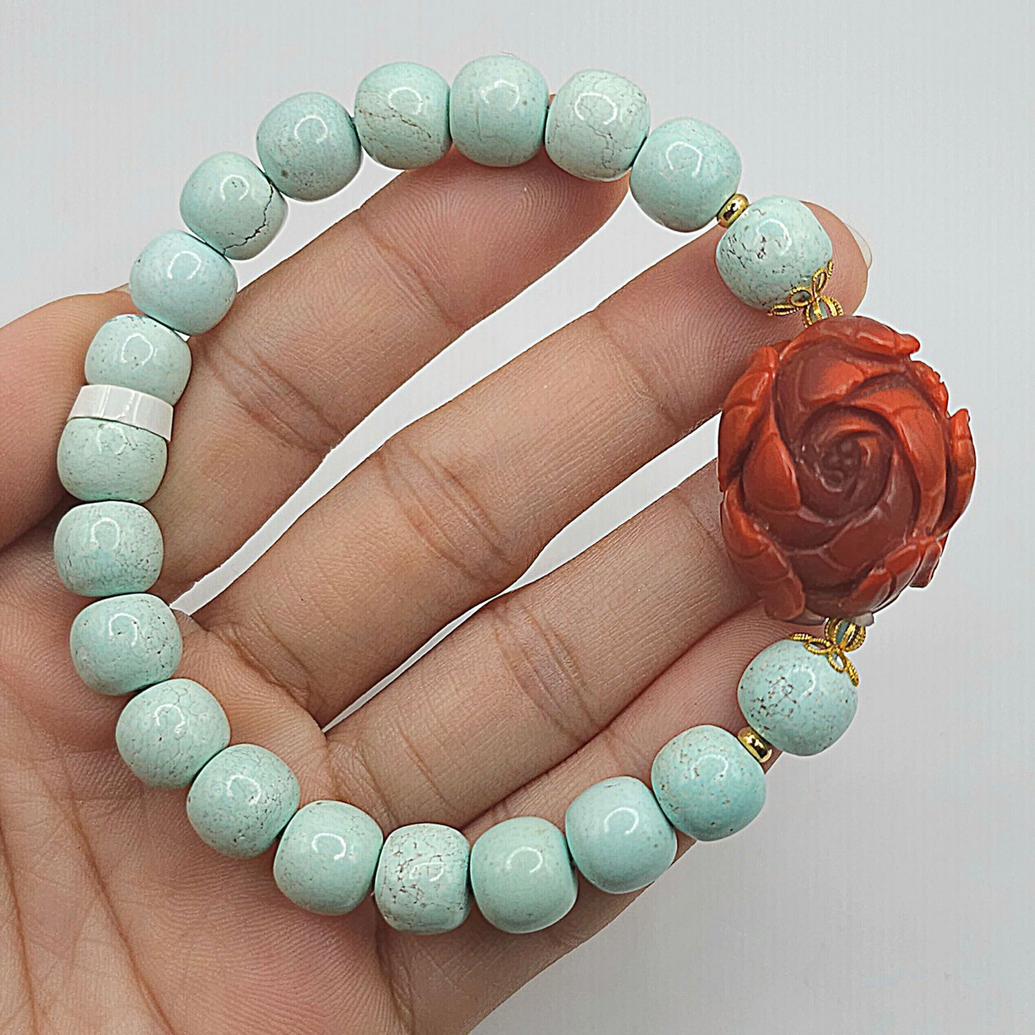 Natural Turquoise x Flower Red Coral - 18k