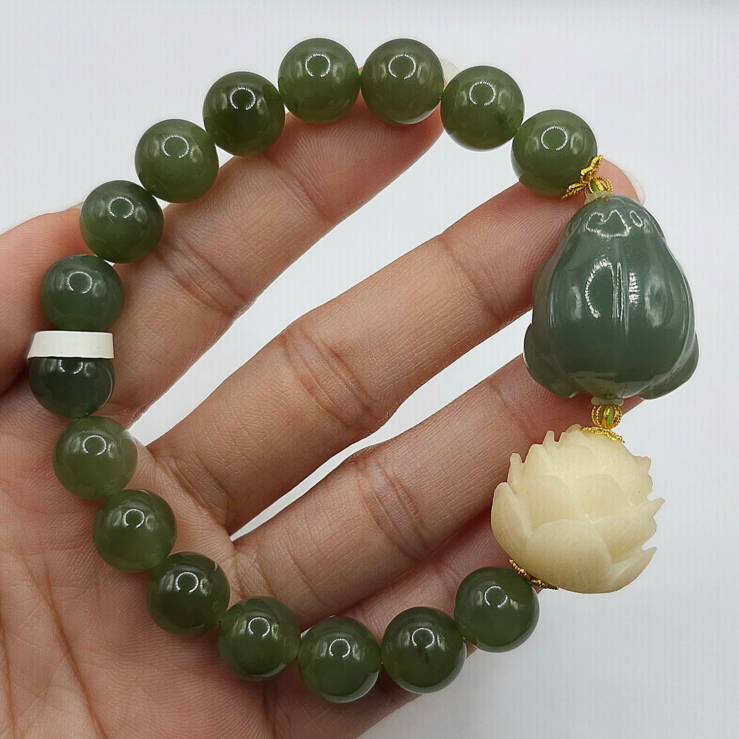 Natural Hetian Jade with Frog x Lotus Bodhi x 18K