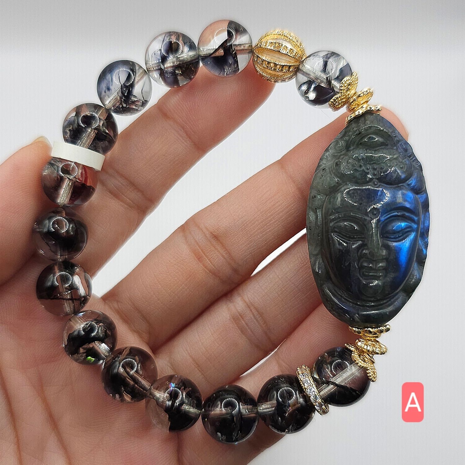 Natural Black Fire Quartz x Labradorite Guanyin