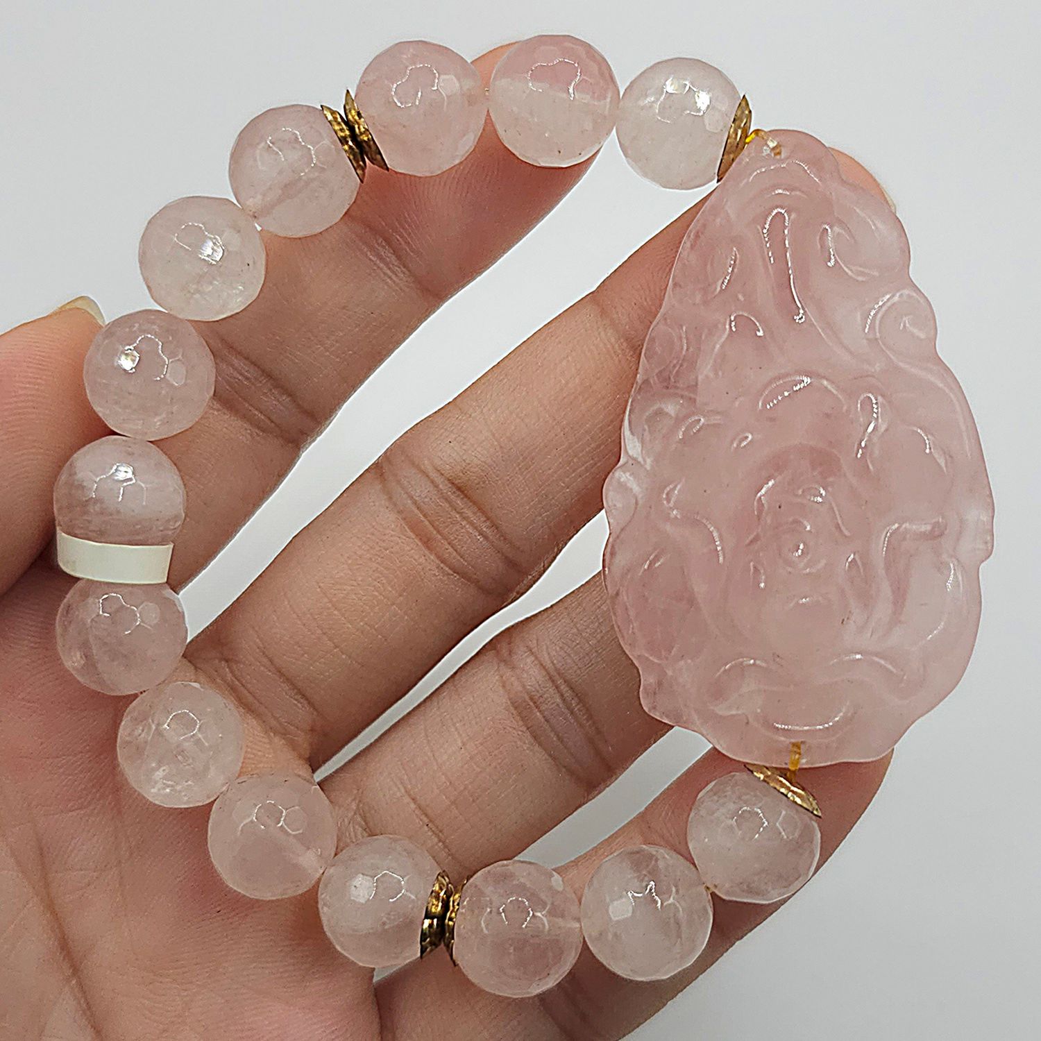 Natural Rose Quartz with Rose &amp; Ruyi