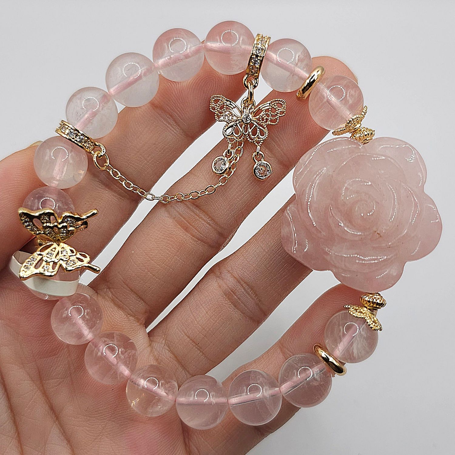 Natural Rose Quartz with Rose &amp; Butterfly