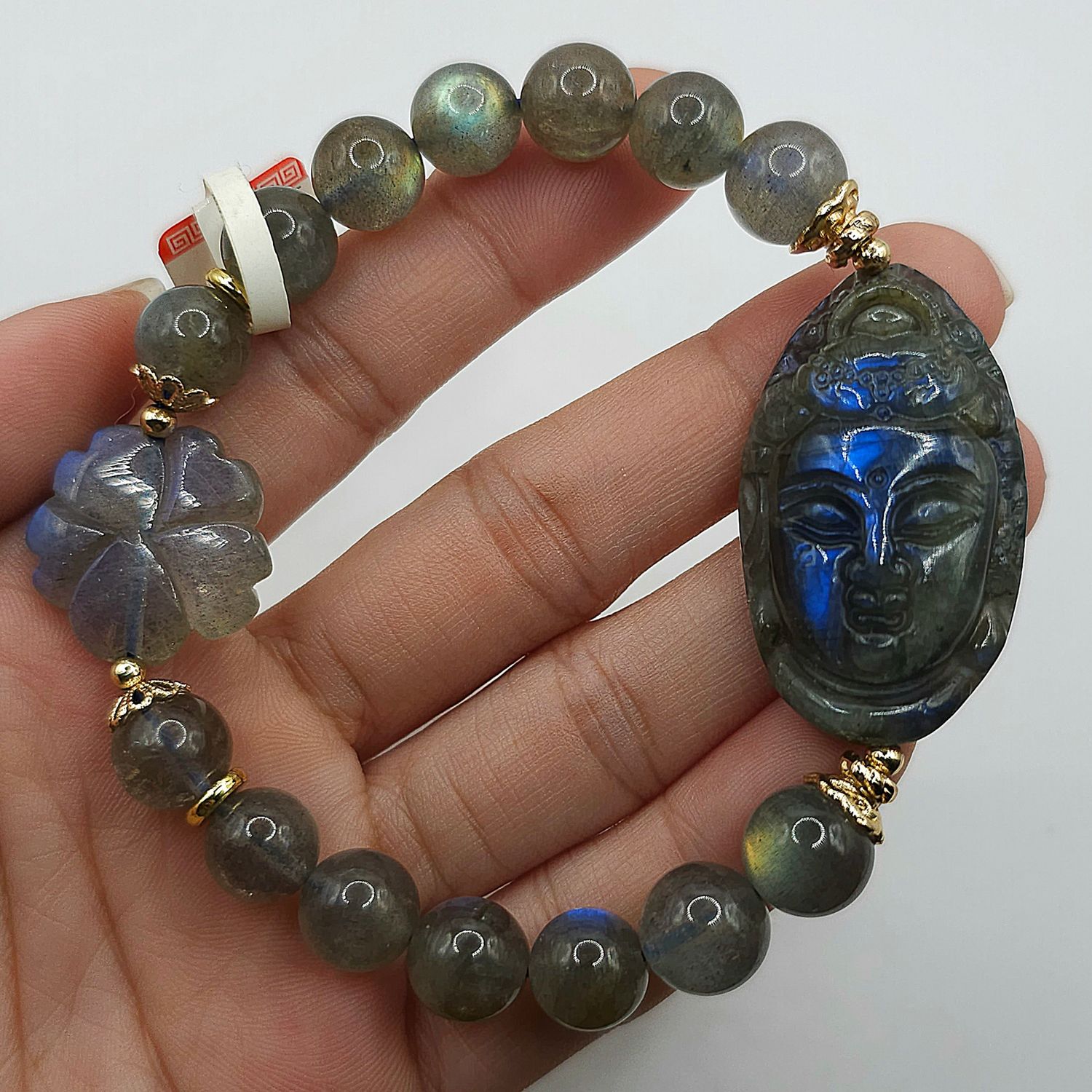 Natural Labradorite with Buddha &amp; Flower