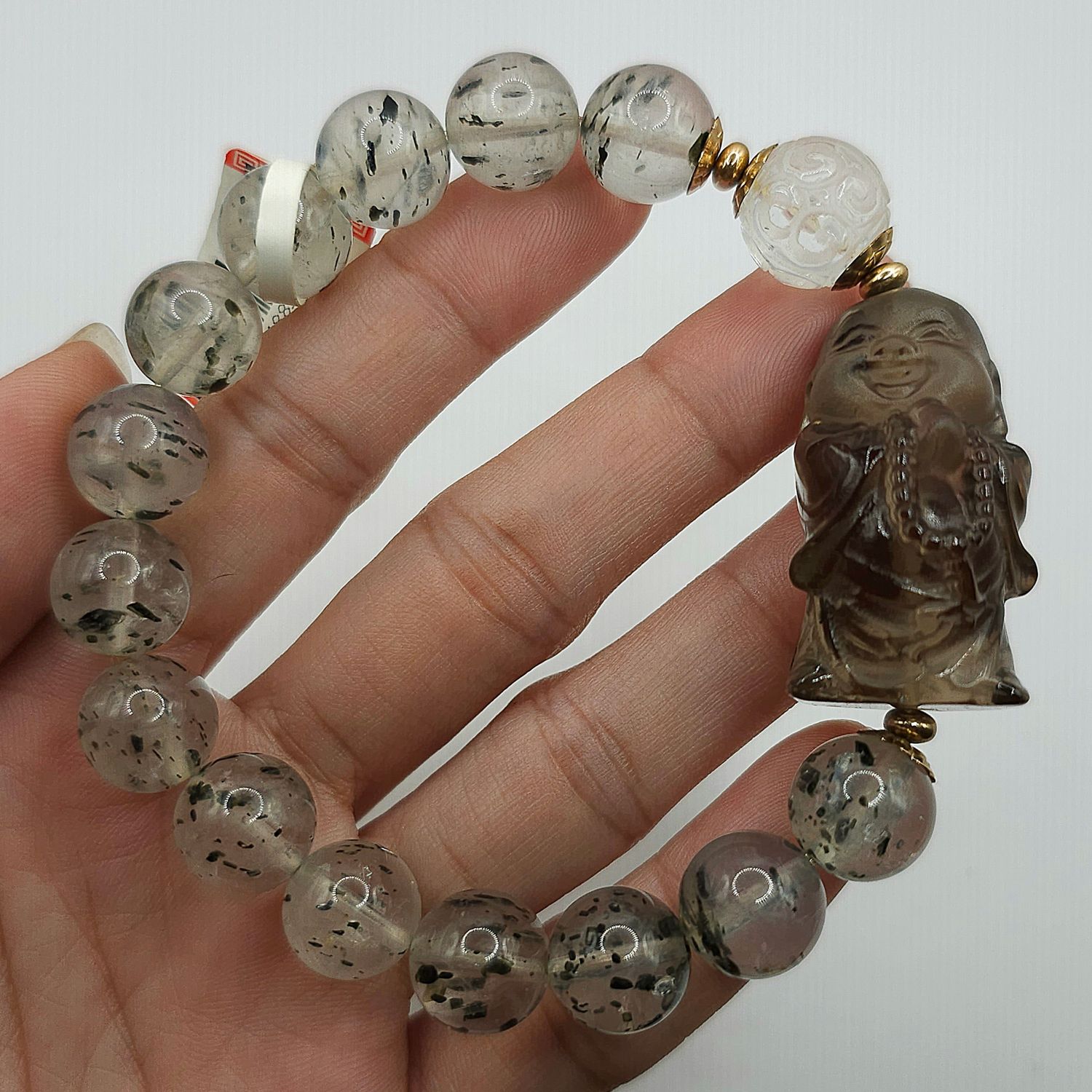 Natural Black Mica x Smoky Quartz Buddha &amp; Lucky Turn