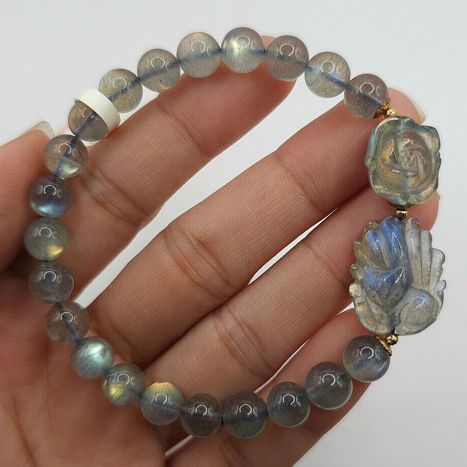 Natural Grey Moonstone with 9 Tail Fox &amp; Flower