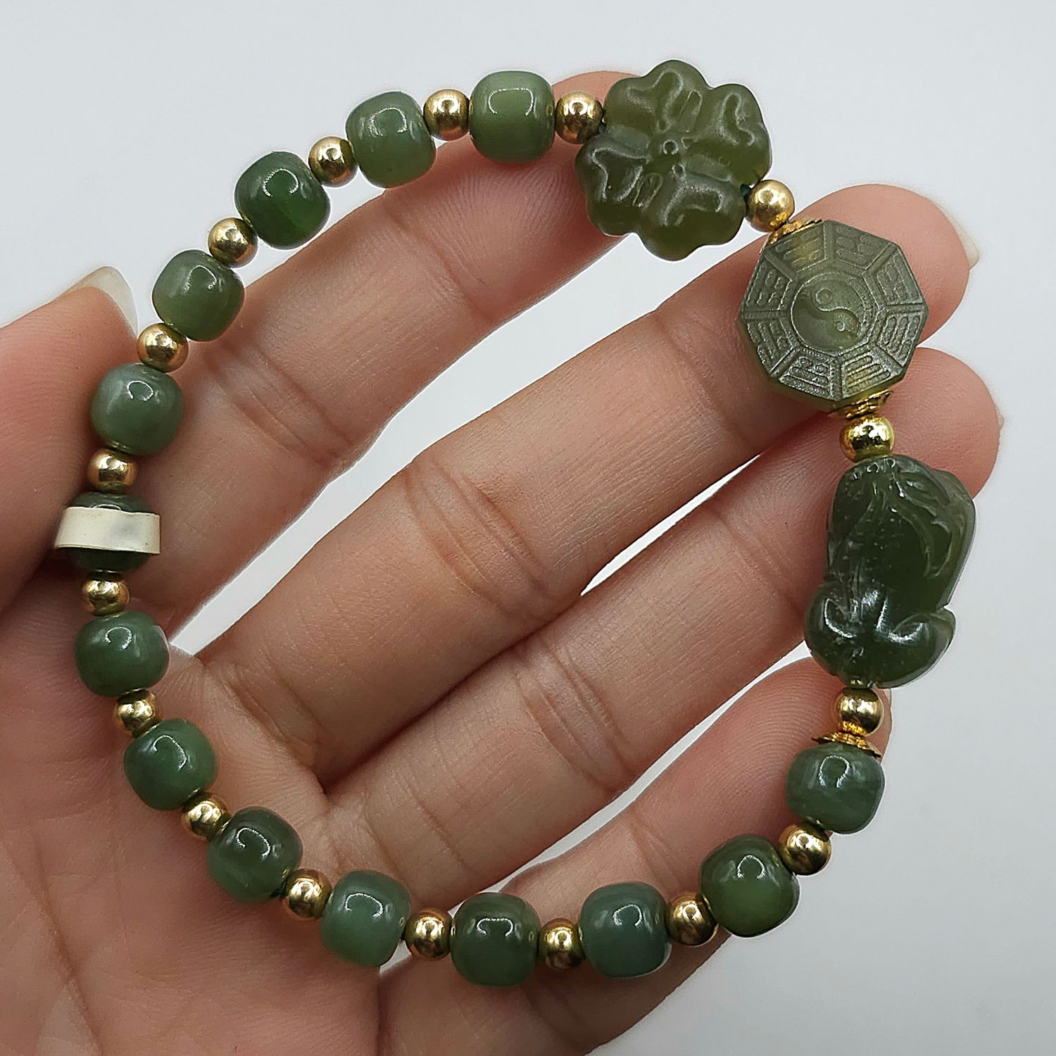 Natural Hetian Jade with Pixiu, Bagua &amp; Clover