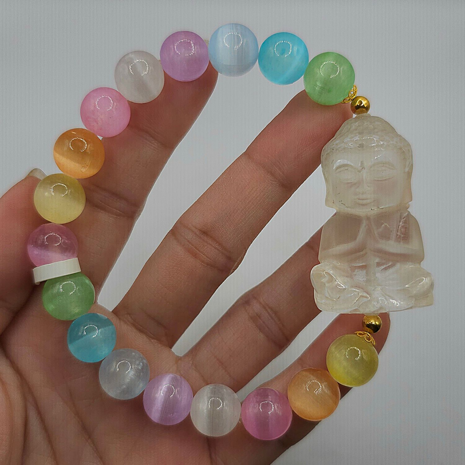 Natural Colorful Selenite x Clear Quartz Buddha 18K