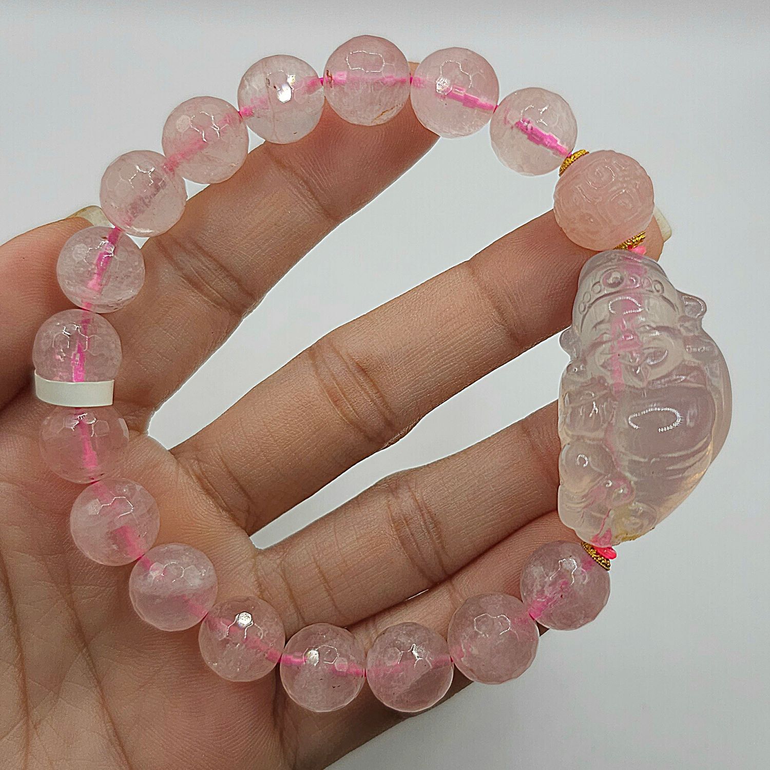 Natural Rose Quartz with God of Fortune - 18K