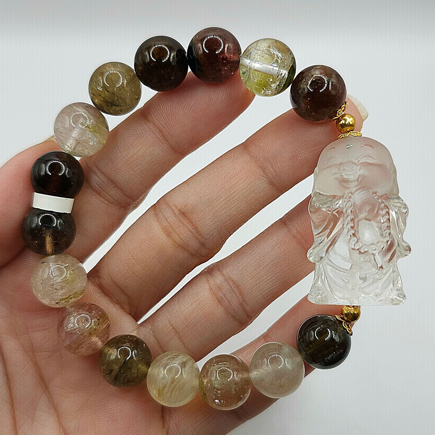 Natural Tourmaline x Clear Quartz Buddha 18K