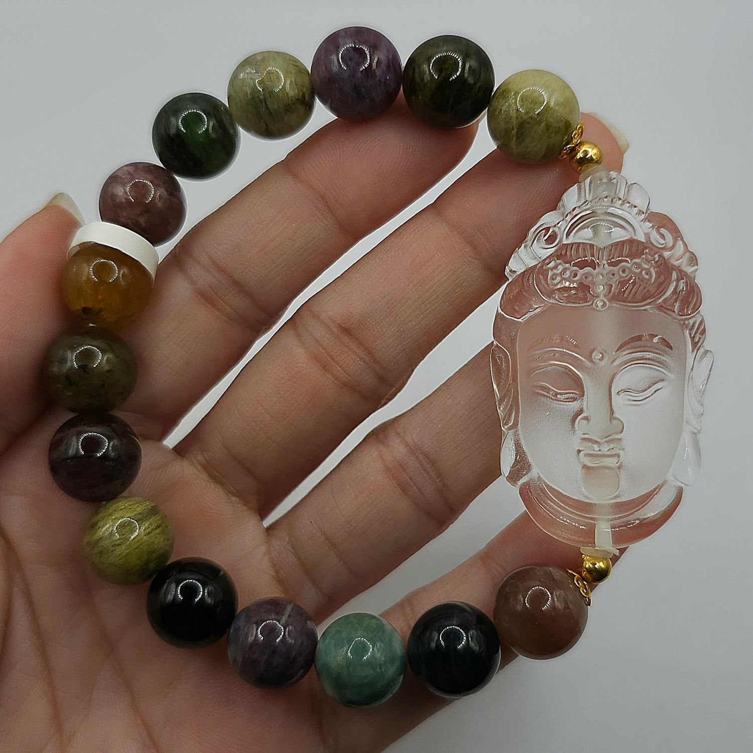 Natural Cat Eye Tourmaline x Clear Quartz Guanyin 18K