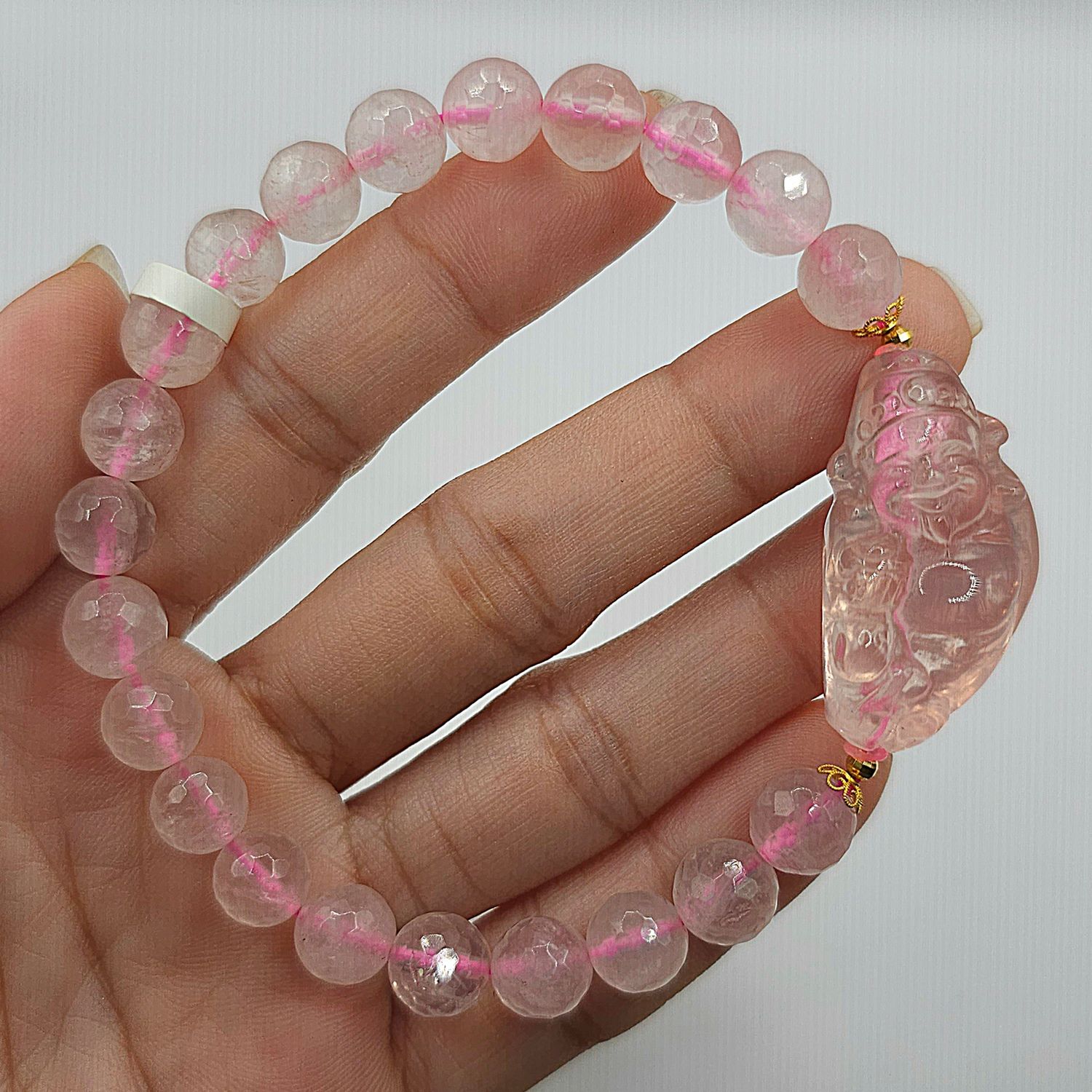 Natural Rose Quartz with God of Fortune - 18K