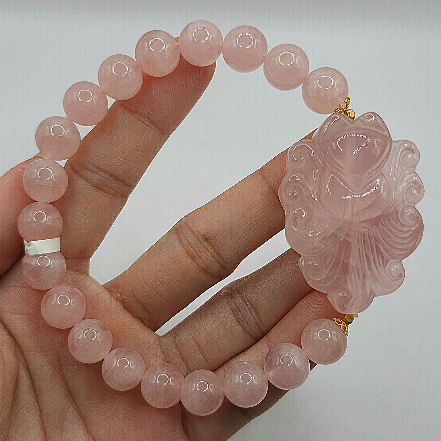 Natural Rose Quartz with 9 Tail Fox 18K