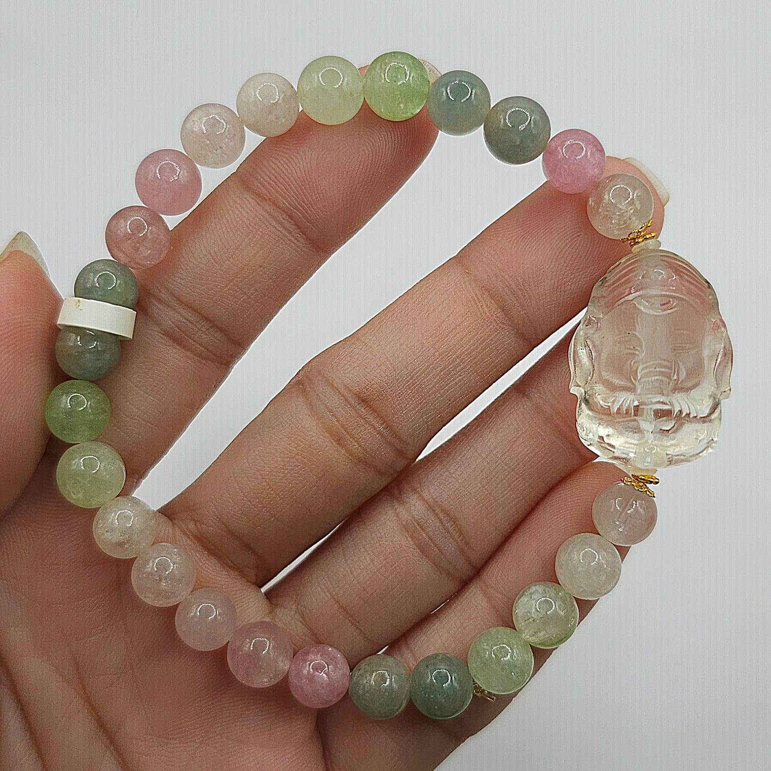 Natural Ice Cream Tourmaline x Clear Quartz Ganesha 18K