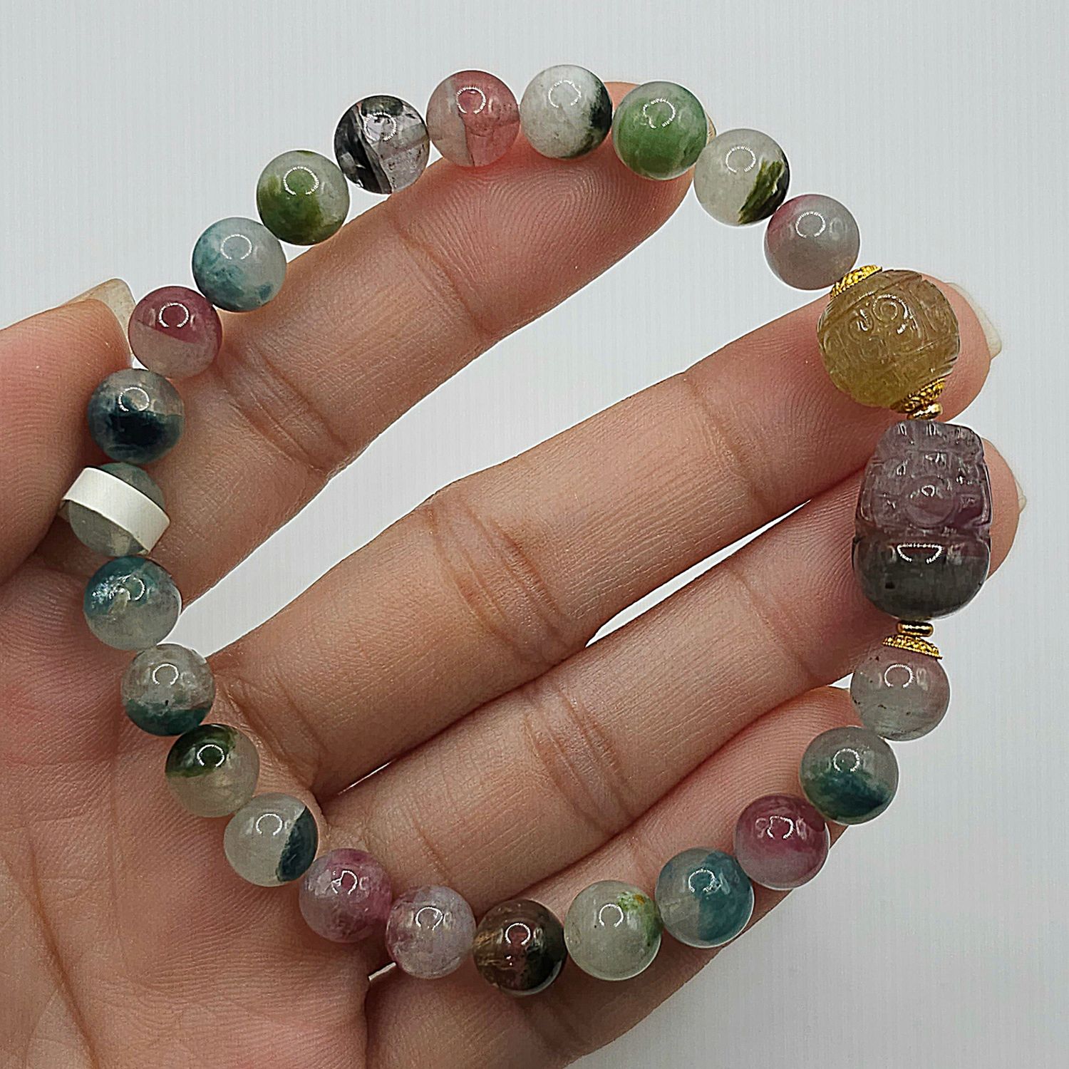 Natural Watermelon Tourmaline with Pixiu - 18K