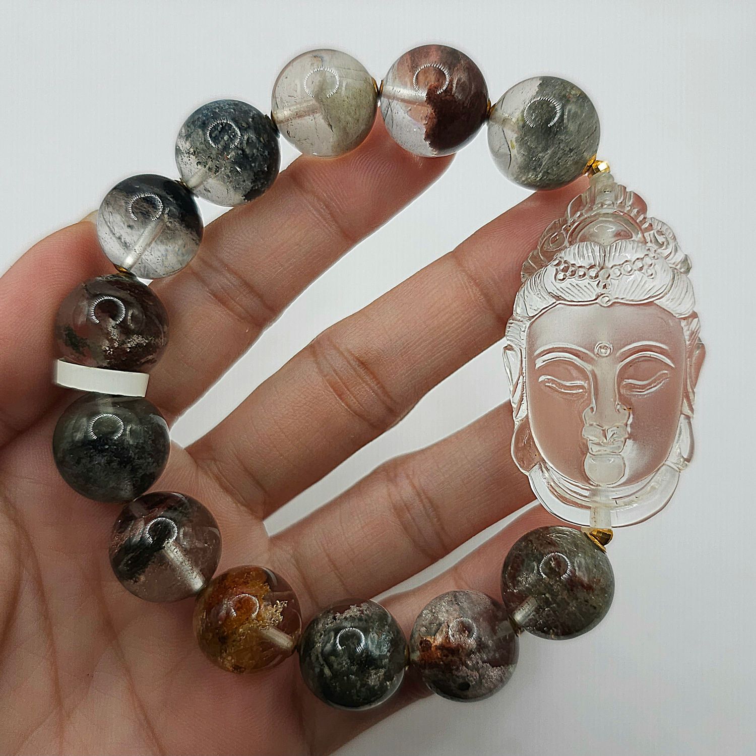 Natural Garden Phantom x Clear Quartz Guanyin - 18K