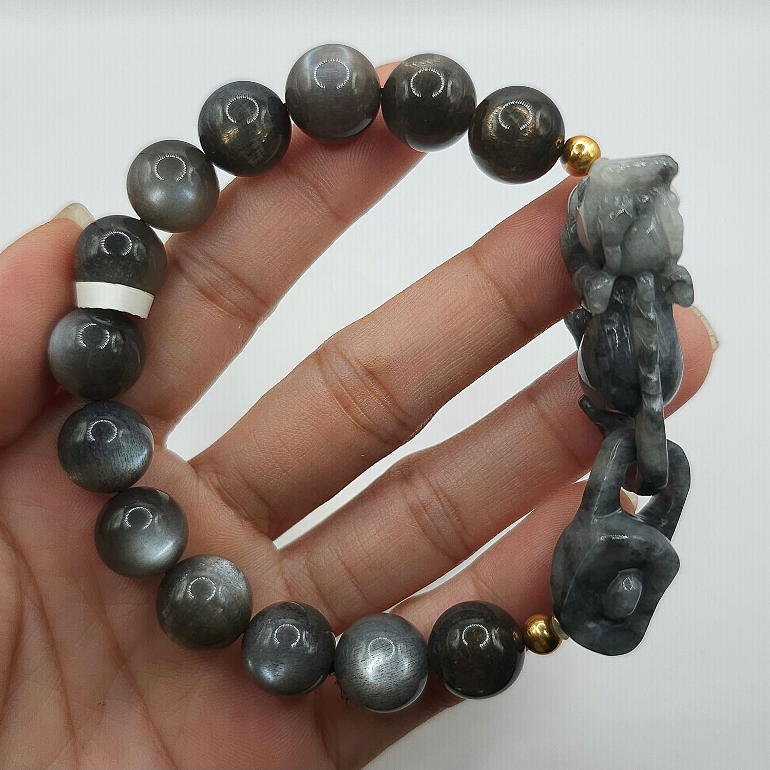 Natural Black Moonstone with Dragon Pixiu - 18K