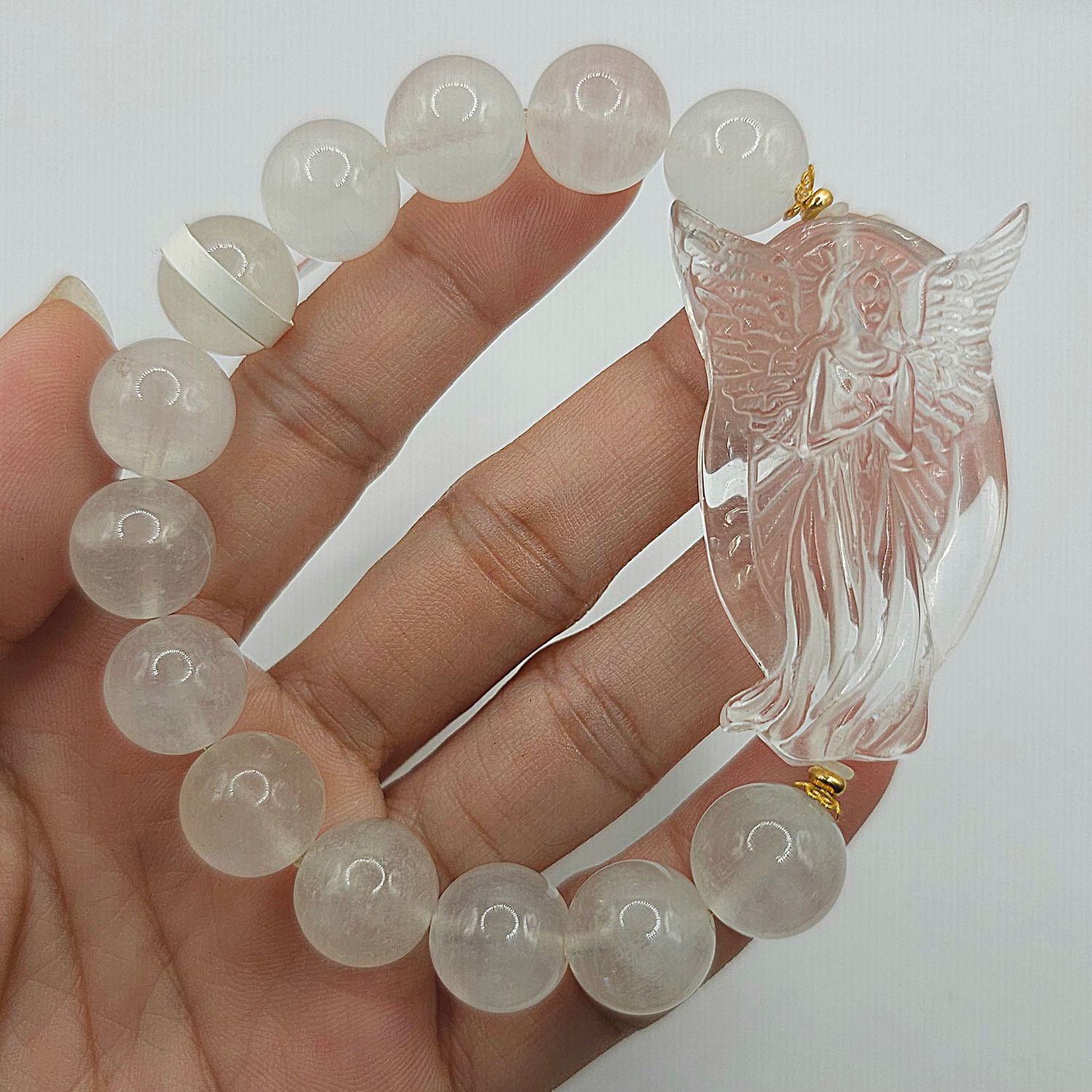 Natural Moonstone x Clear Quartz Angel 18K