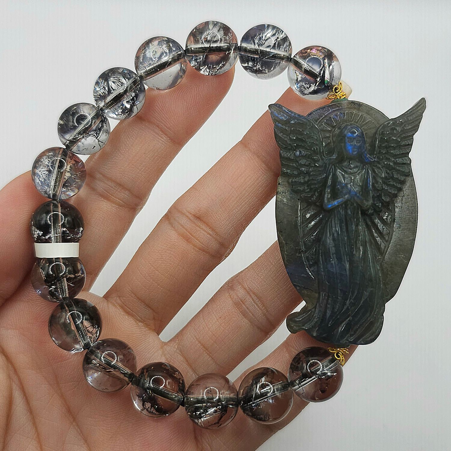 Natural Black Fire Quartz x Labradorite Angel 18K