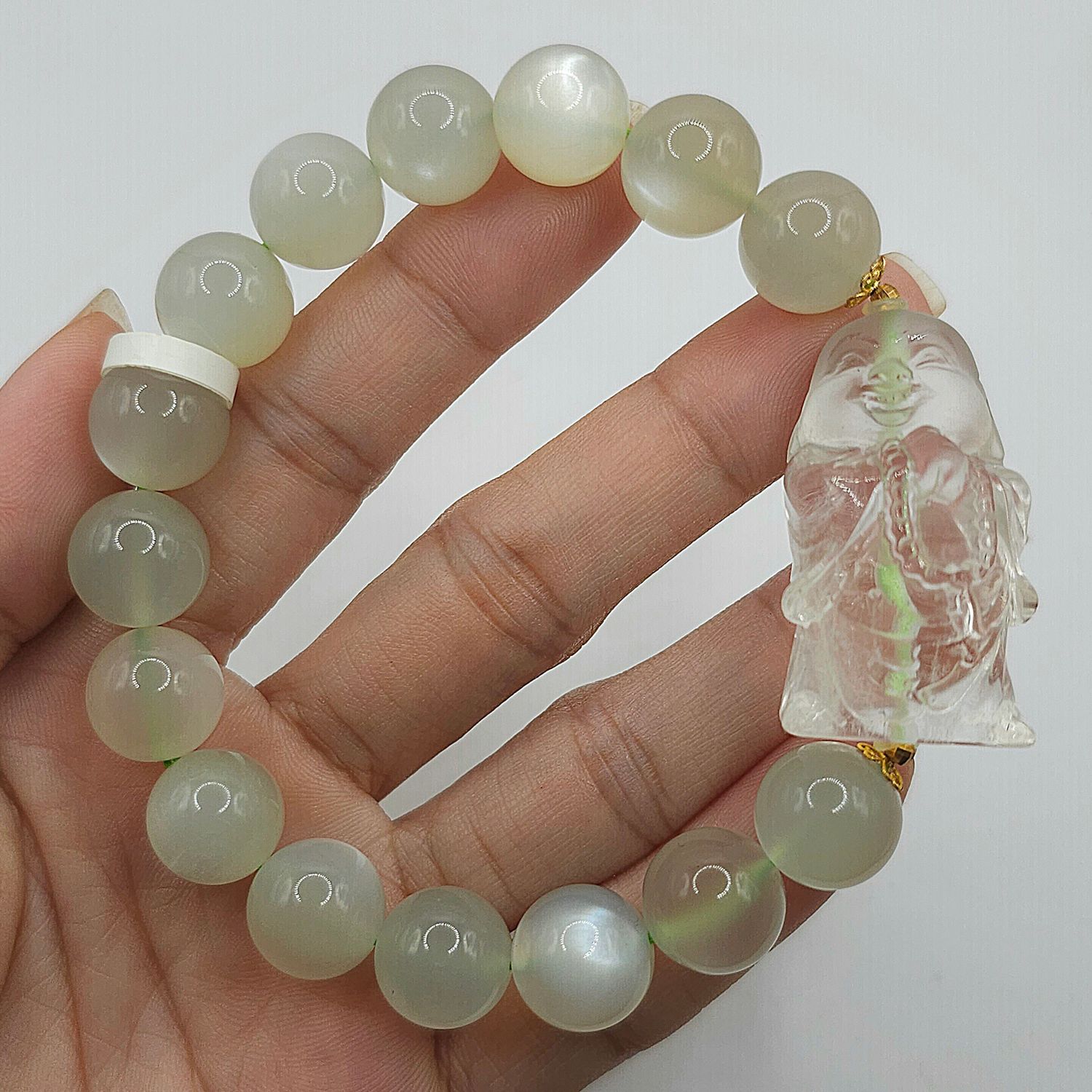 Natural Green Moonstone with Buddha - 18K