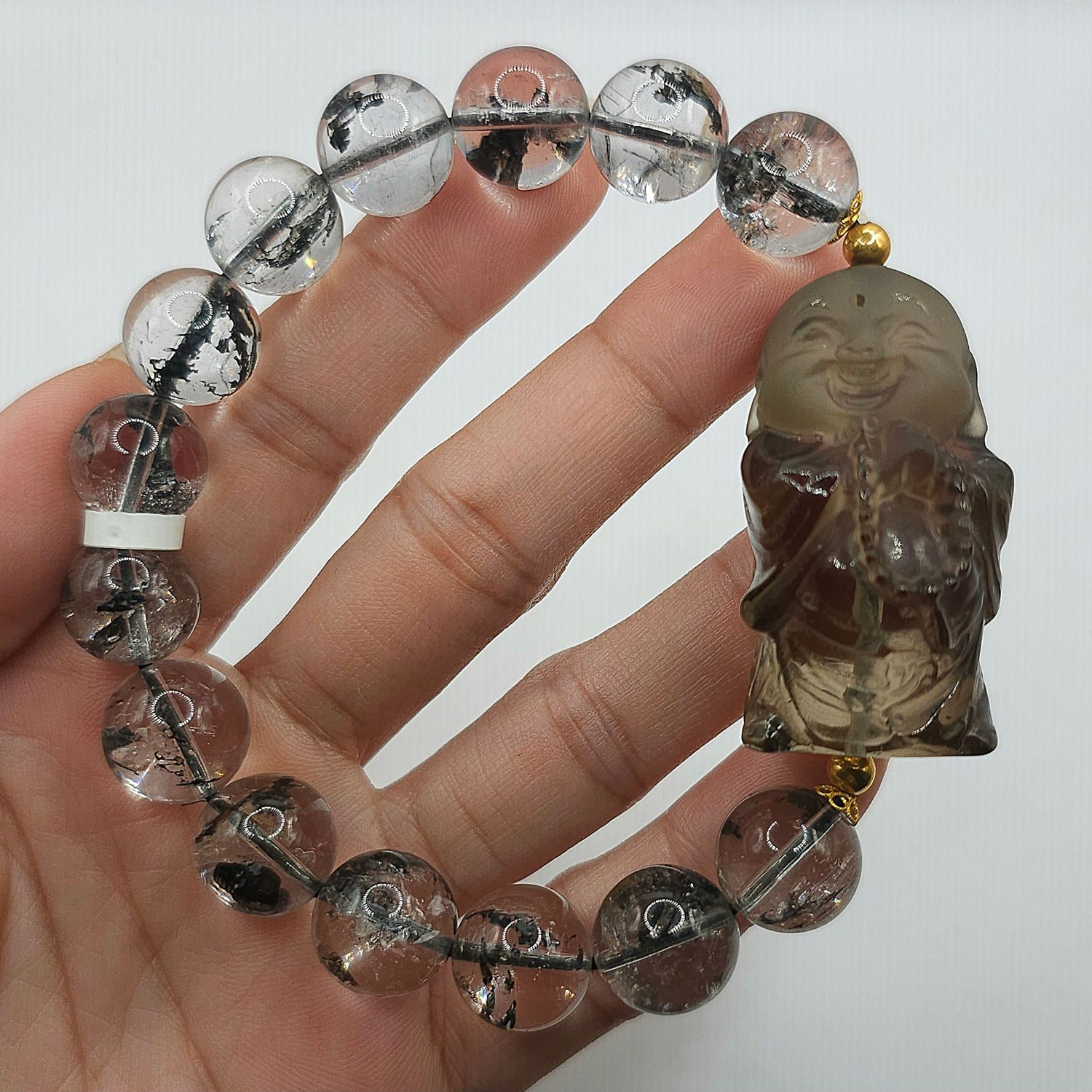 Natural Herkimer x Smoky Quartz Buddha 18K