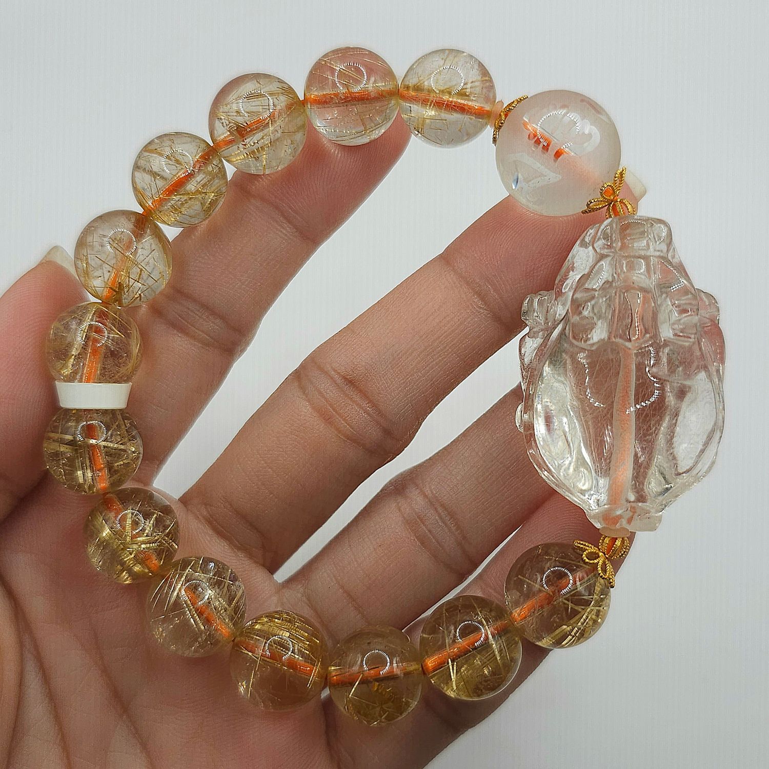 Natural Golden Ruti x Clear Quartz Dragon Pixiu &amp; Mantra 18K