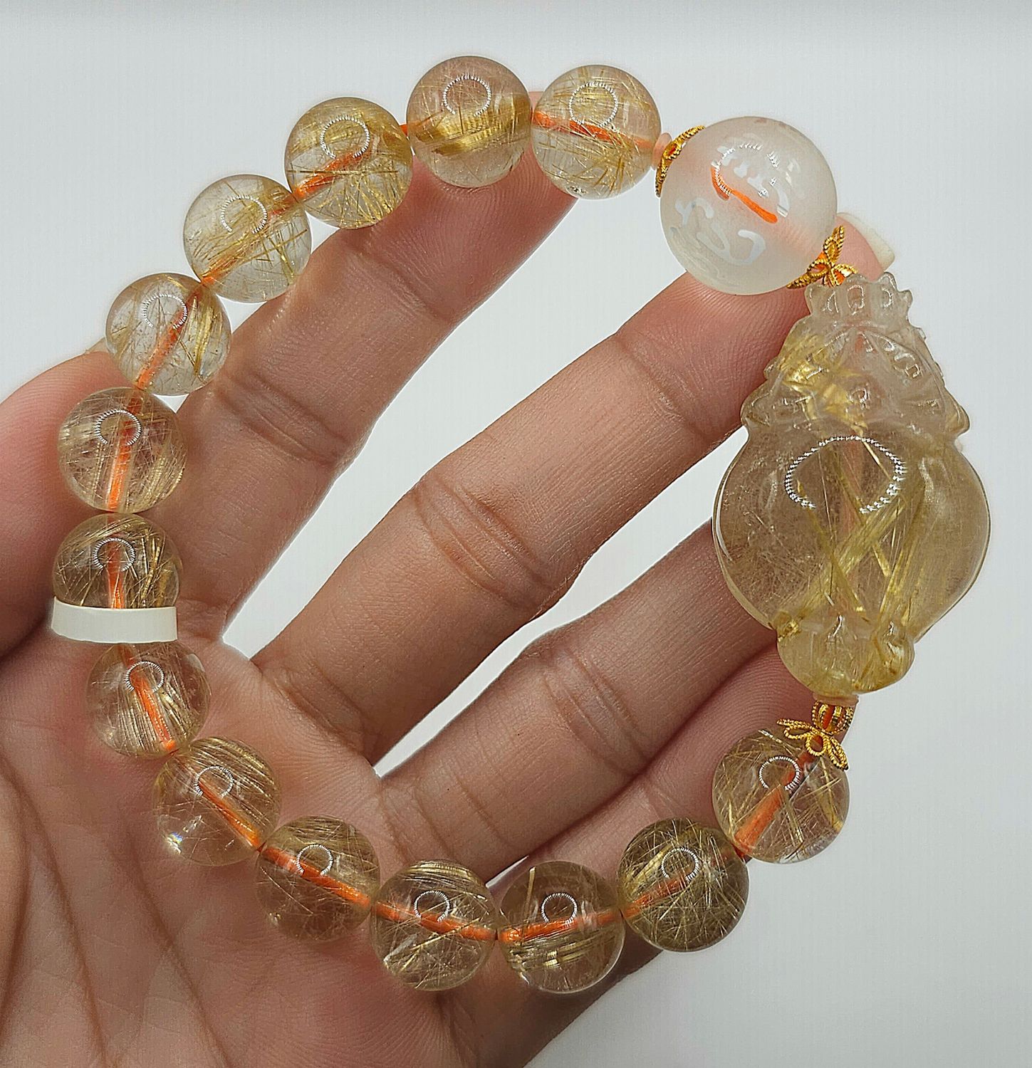 Natural Golden Ruti with Dragon Pixiu x Clear Quartz Mantra 18K