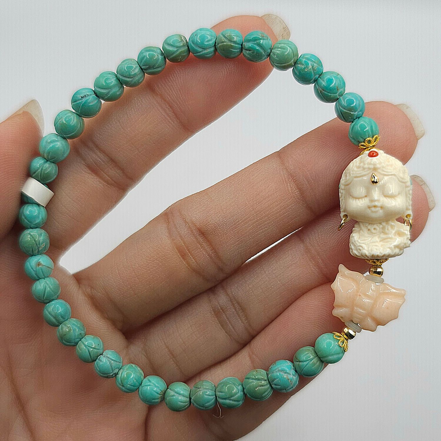 Natural Lotus Turquoise x Ivory Mammoth Guanyin x Coral Butterfly - 18K