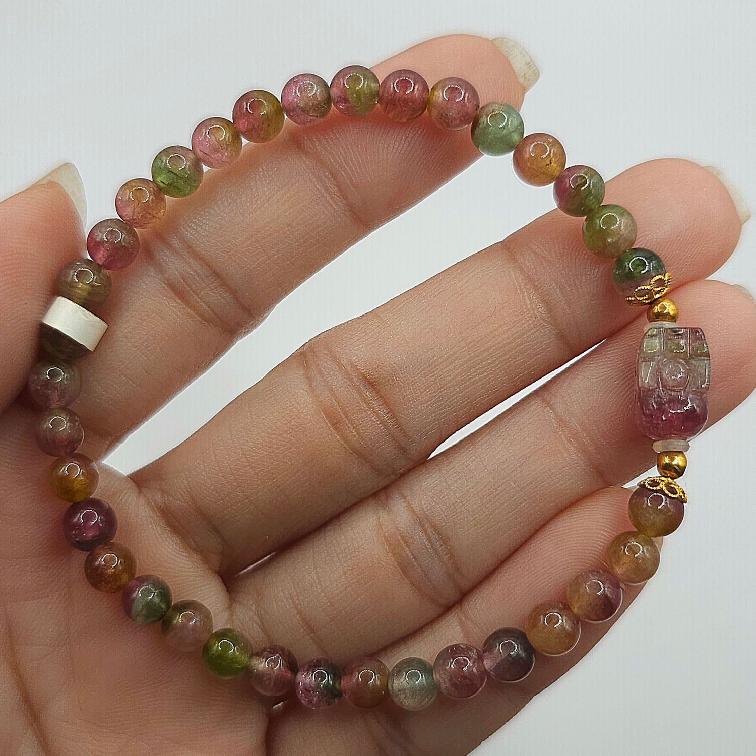 Natural Watermelon Tourmaline with Pixiu - 18K