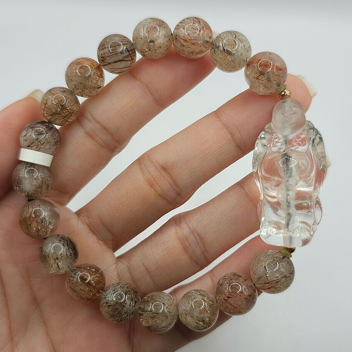 Natural Black Golden Ruti x Clear Quartz Buddha - 18K