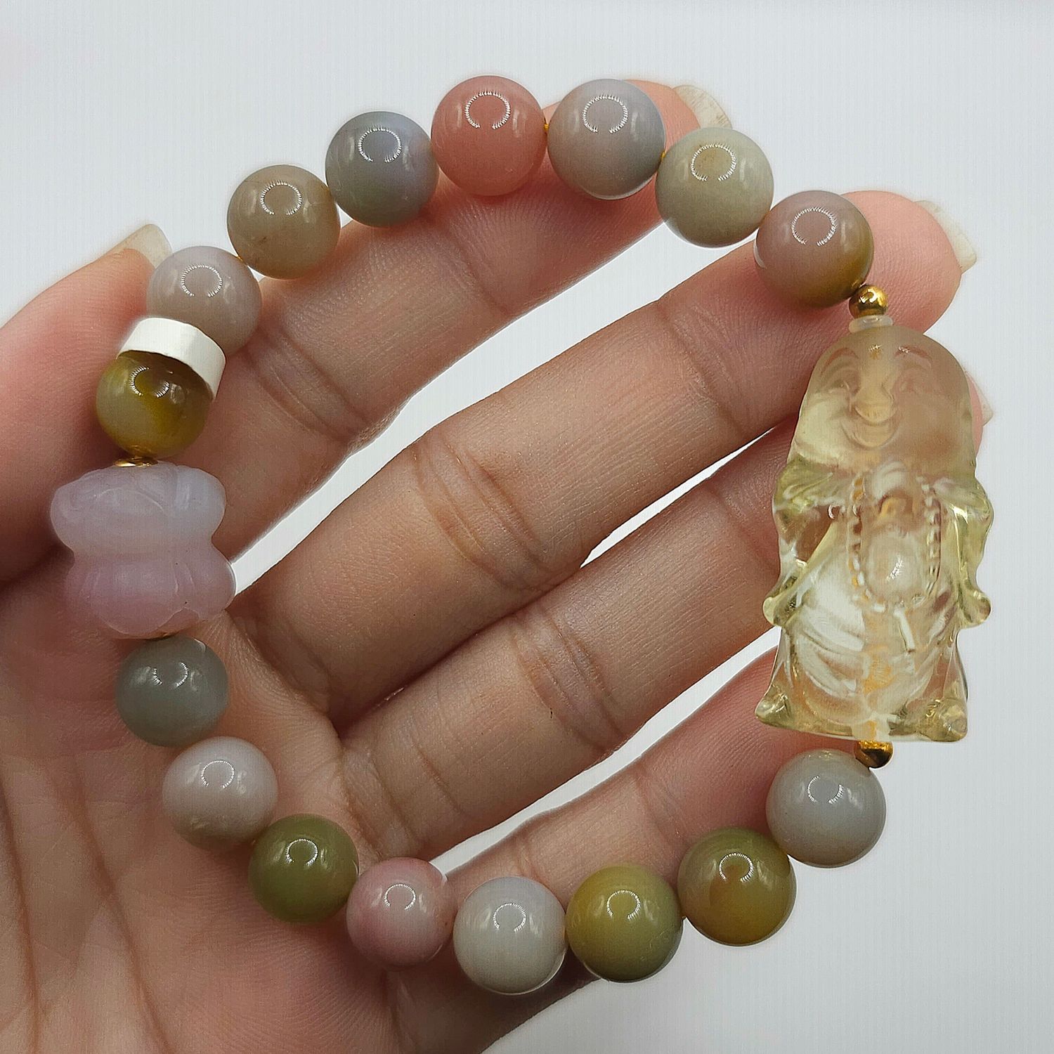 Natural Yan Yuan Agate with Double Lotus x Citrine Buddha  - 18K