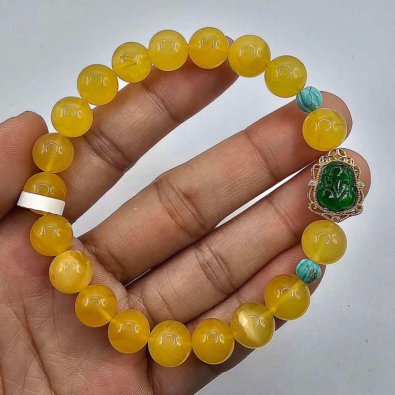 Natural Beeswax Amber x Turquoise x Imperial Jade Pixiu - 18k