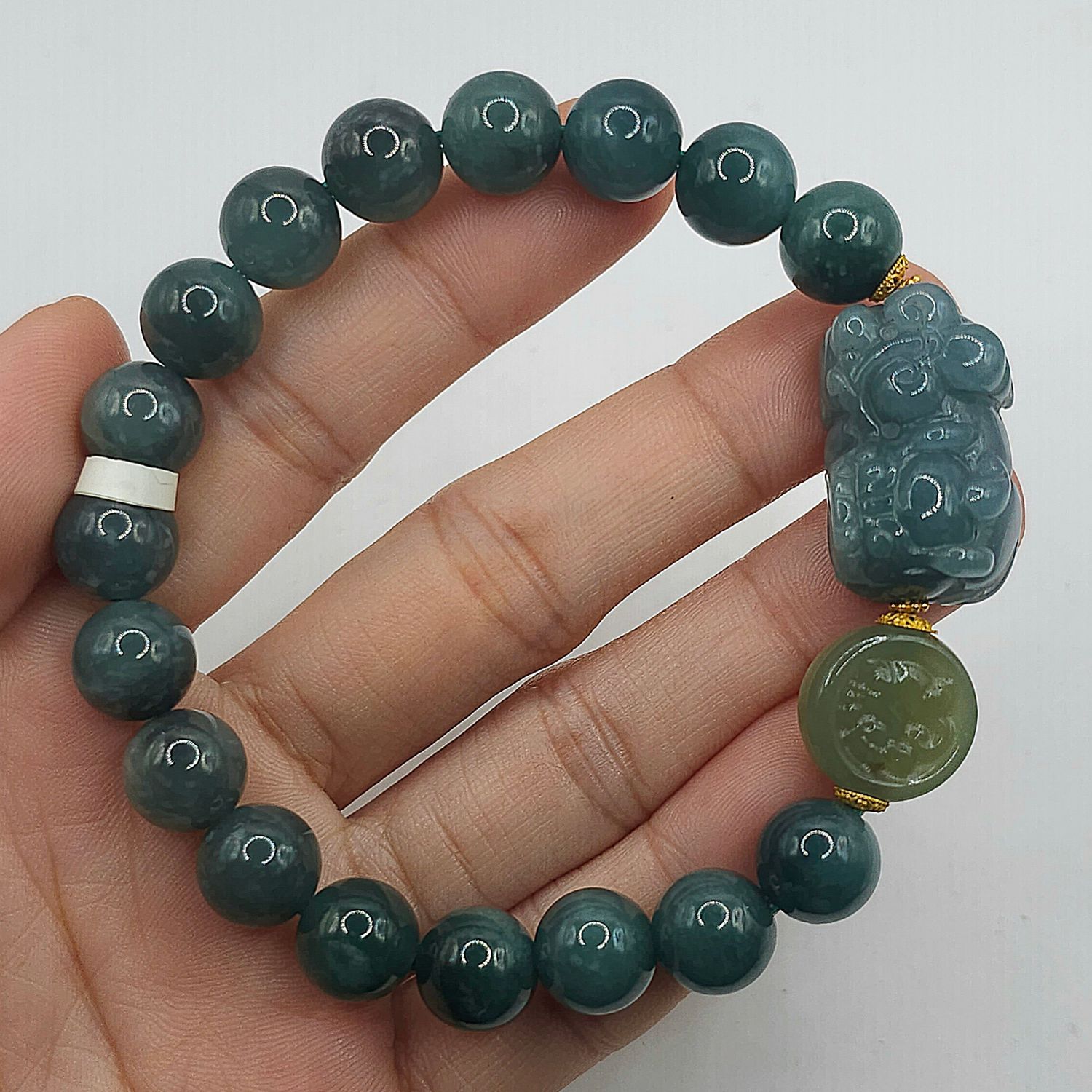 Natural Blue Water Ice Jade with Dragon Pixiu - 18K