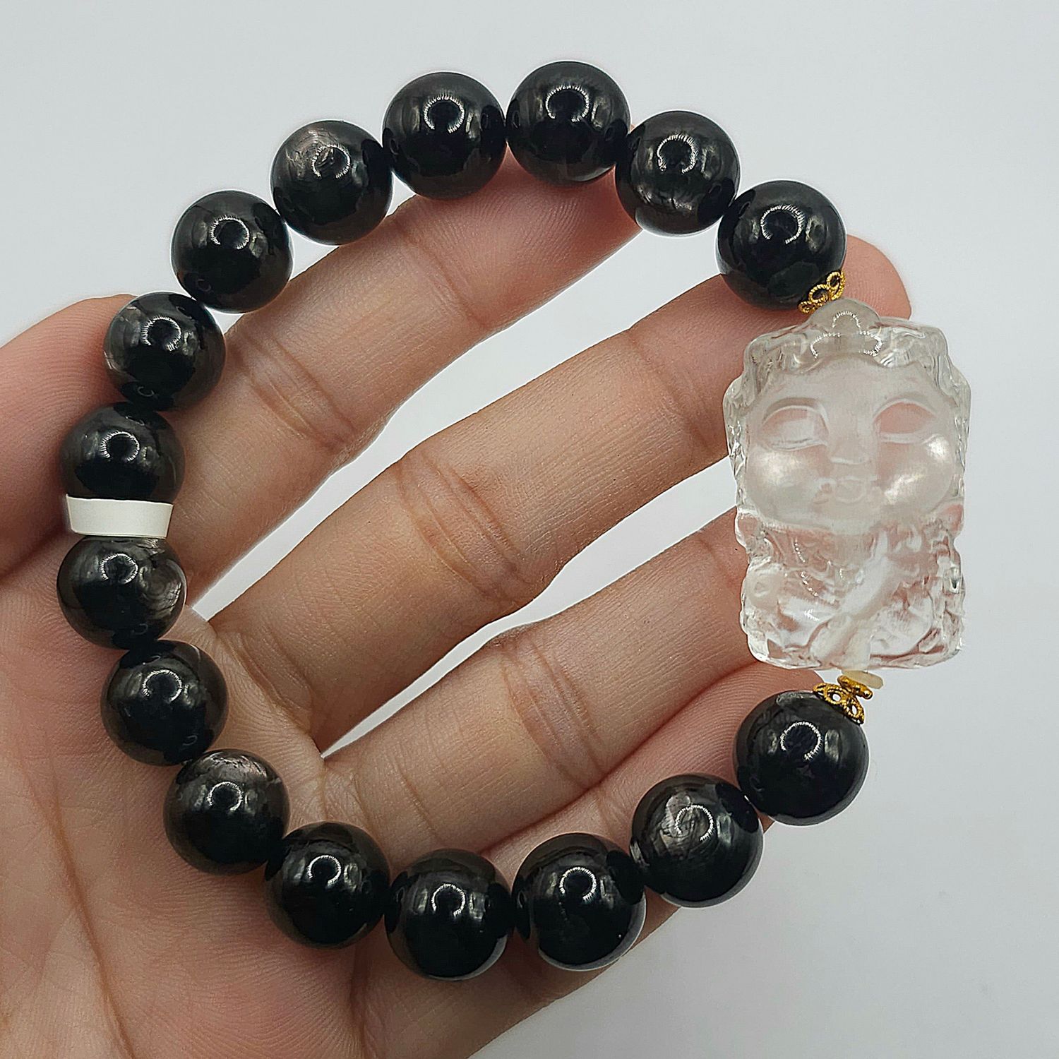 Natural Hypersthene x Clear Quartz Guanyin - 18K