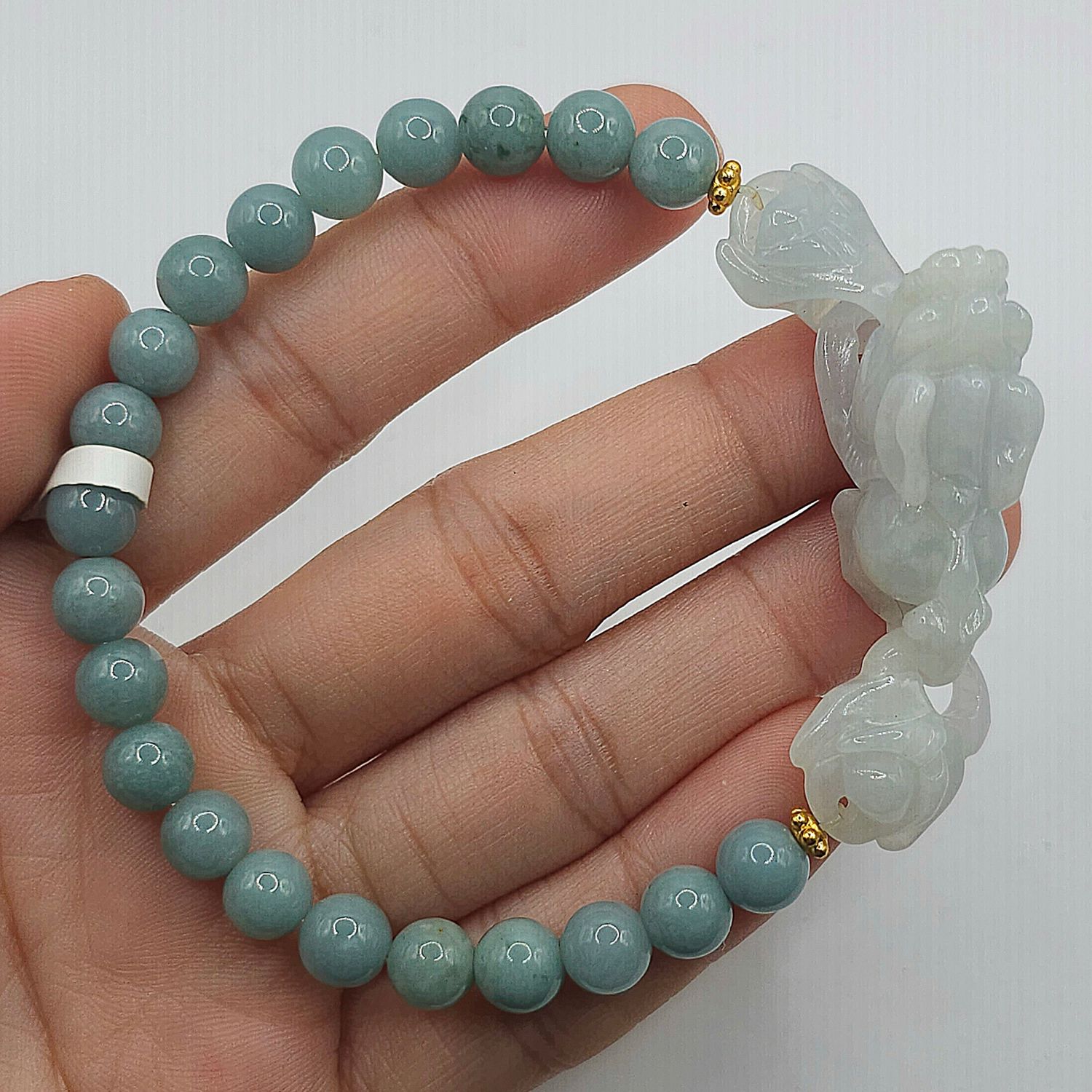Natural Blue Water Ice Jade with Pixiu &amp; Ruyi - 18K