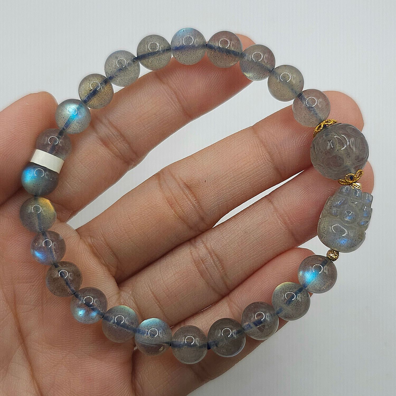 Natural Grey Moonstone with Pixiu &amp; Lucky Turn - 18K