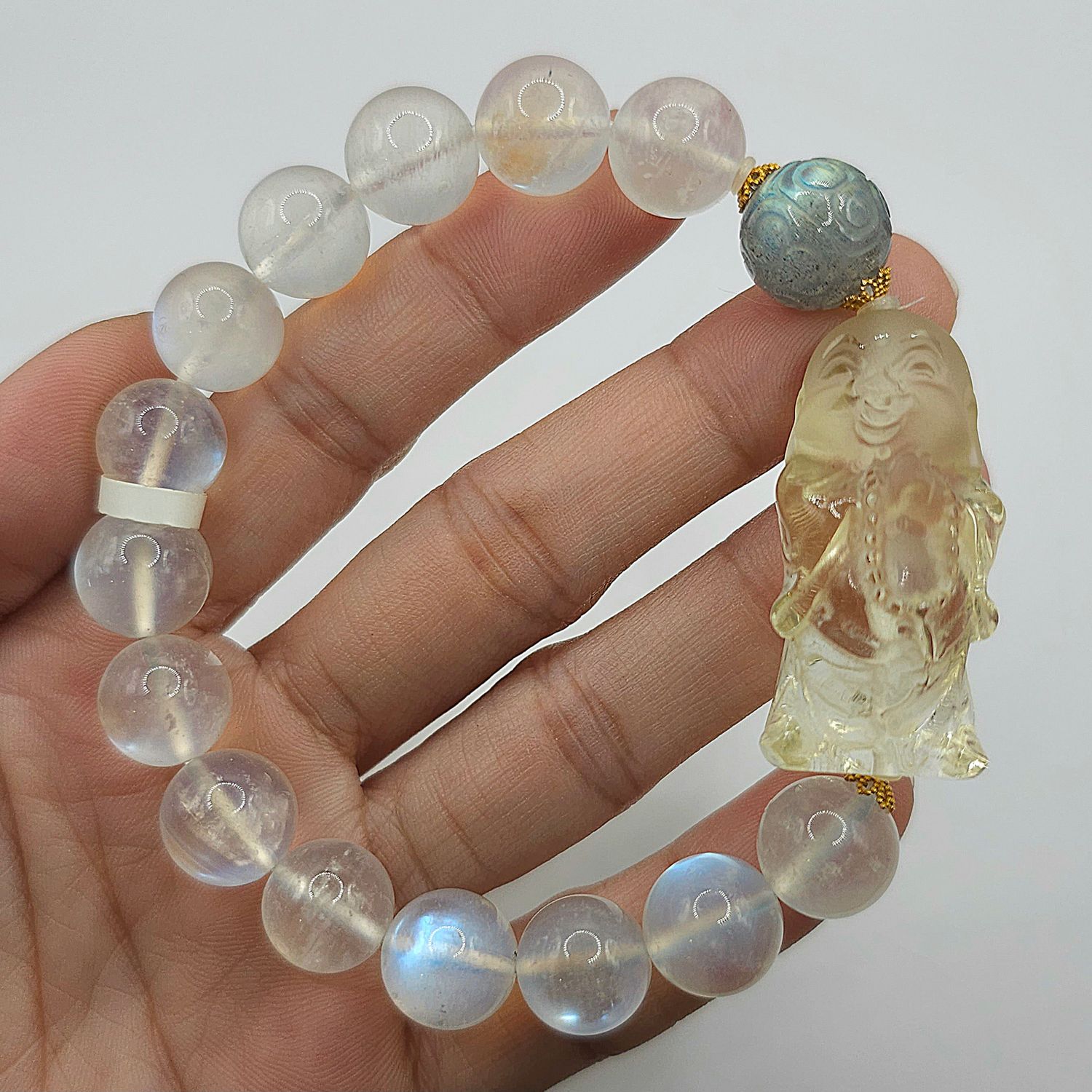 Natural Blue Moonstone x Citrine Buddha x Labradorite Lucky Turn - 18K