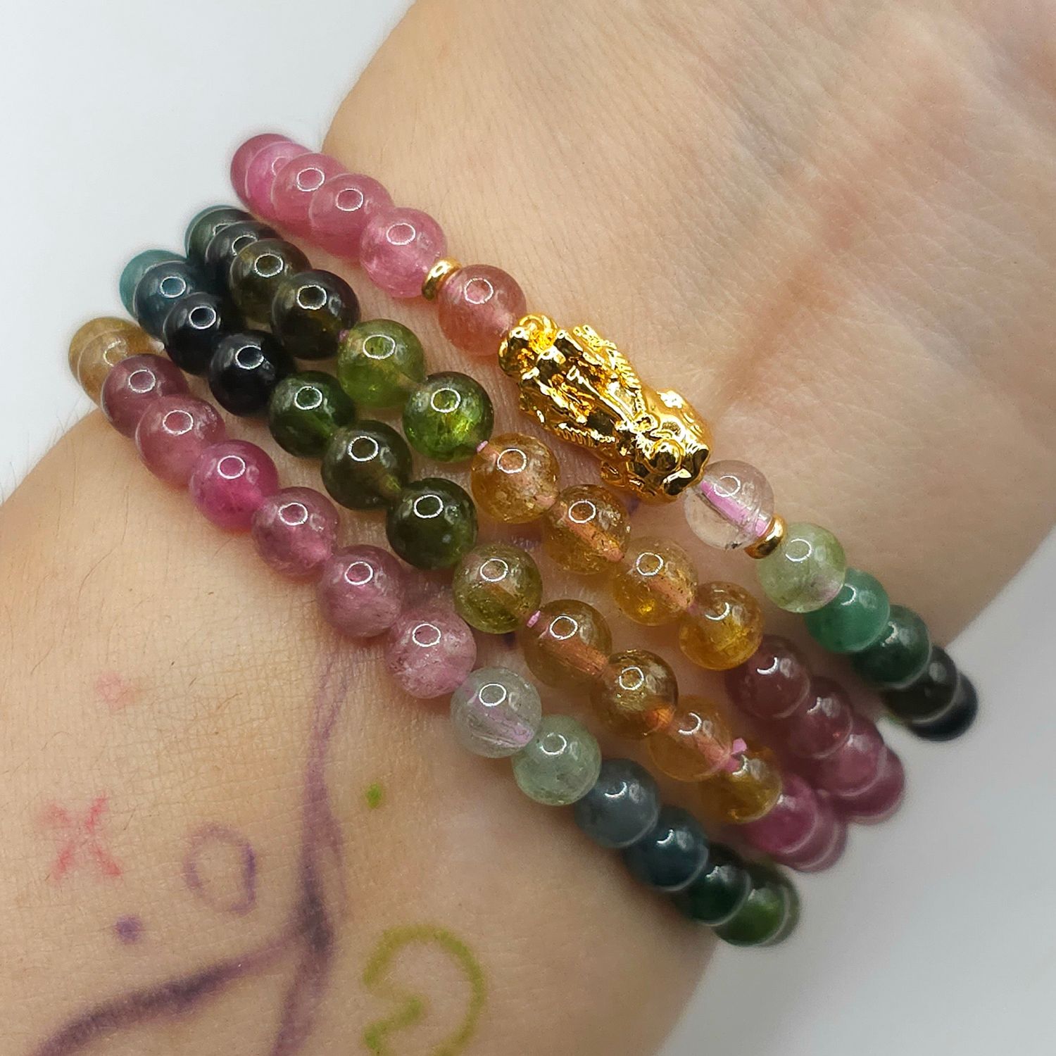 Natural 3 Lap Candy Tourmaline with Pixiu - 18K