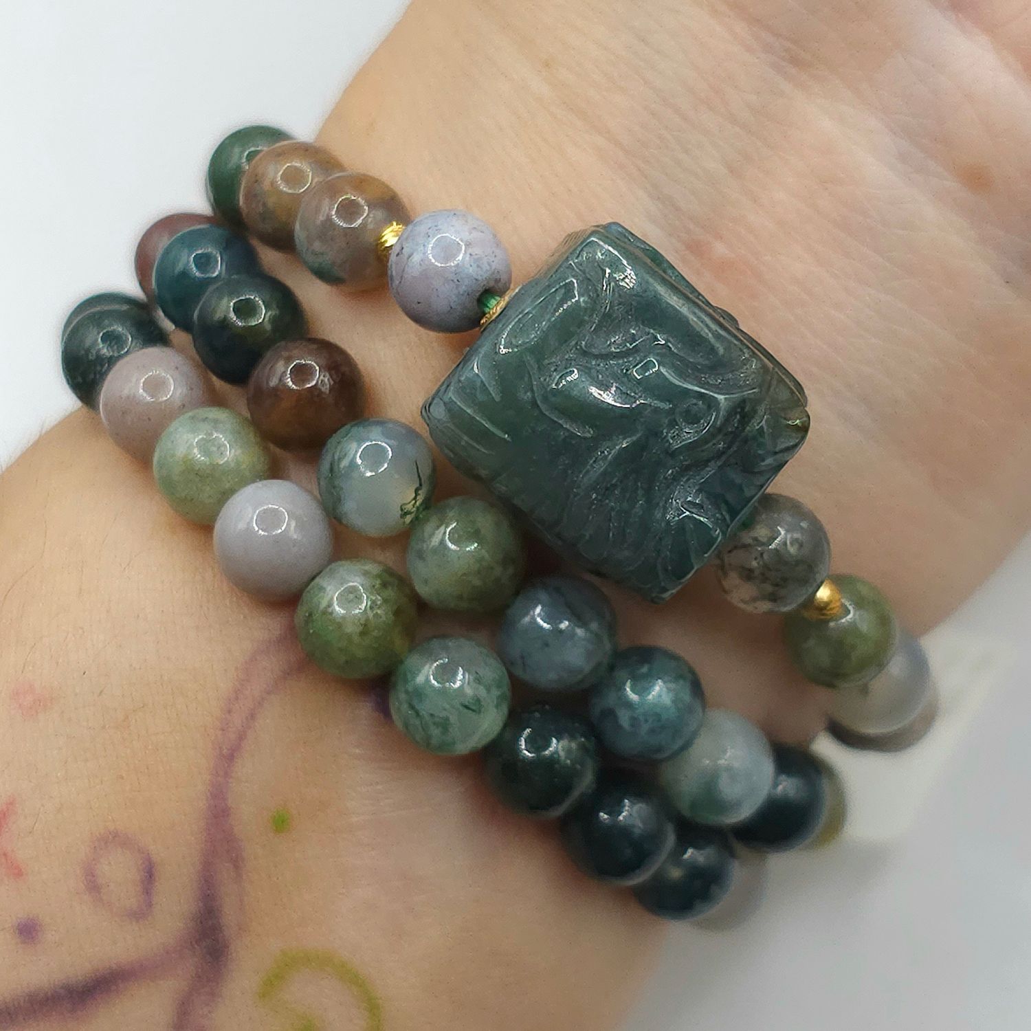 Natural 2 Lap Moss Agate with Phoenix - 18K