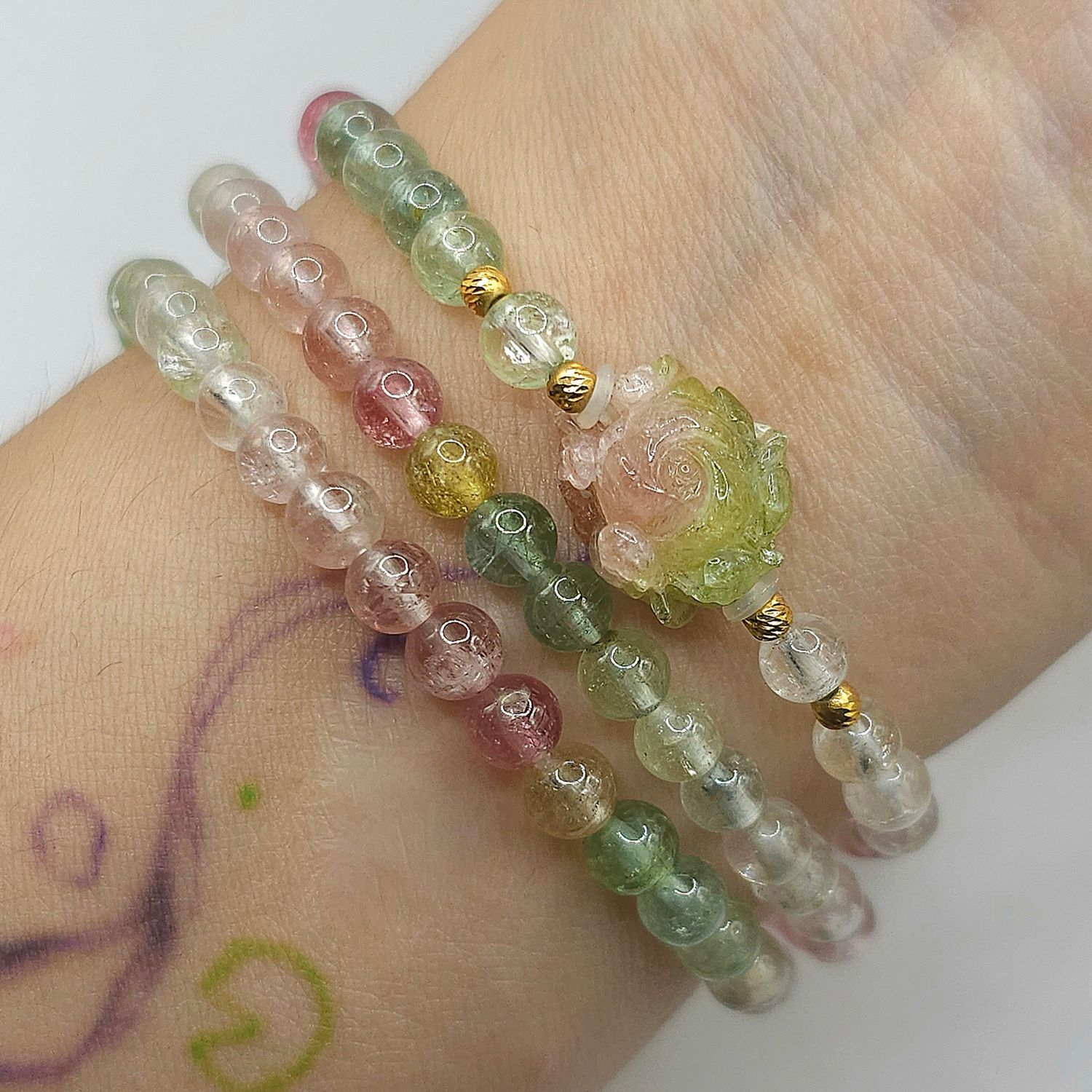 Natural 3 Lap Ice Cream Tourmaline with Flower - 18K