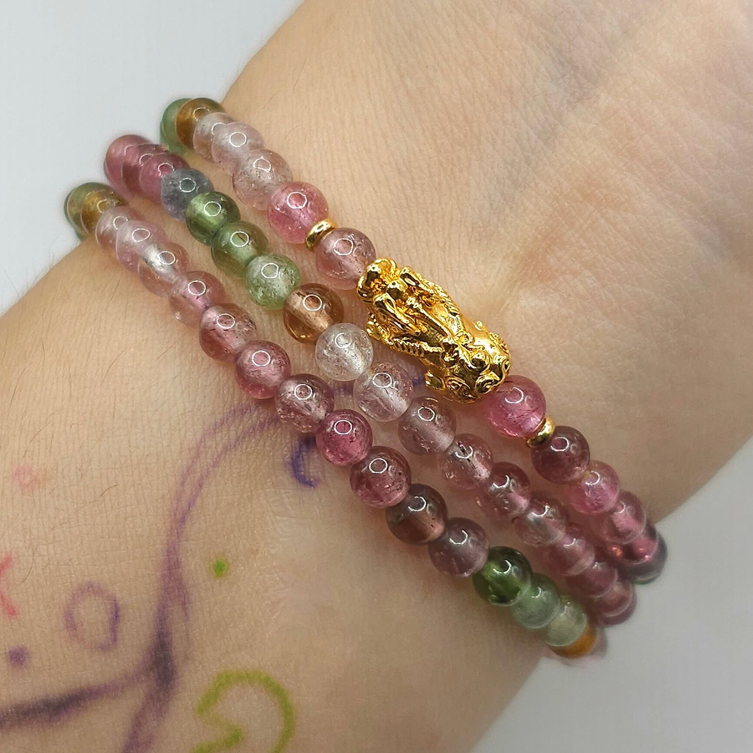 Natural 3 Lap Ice Cream Tourmaline with Pixiu - 18K