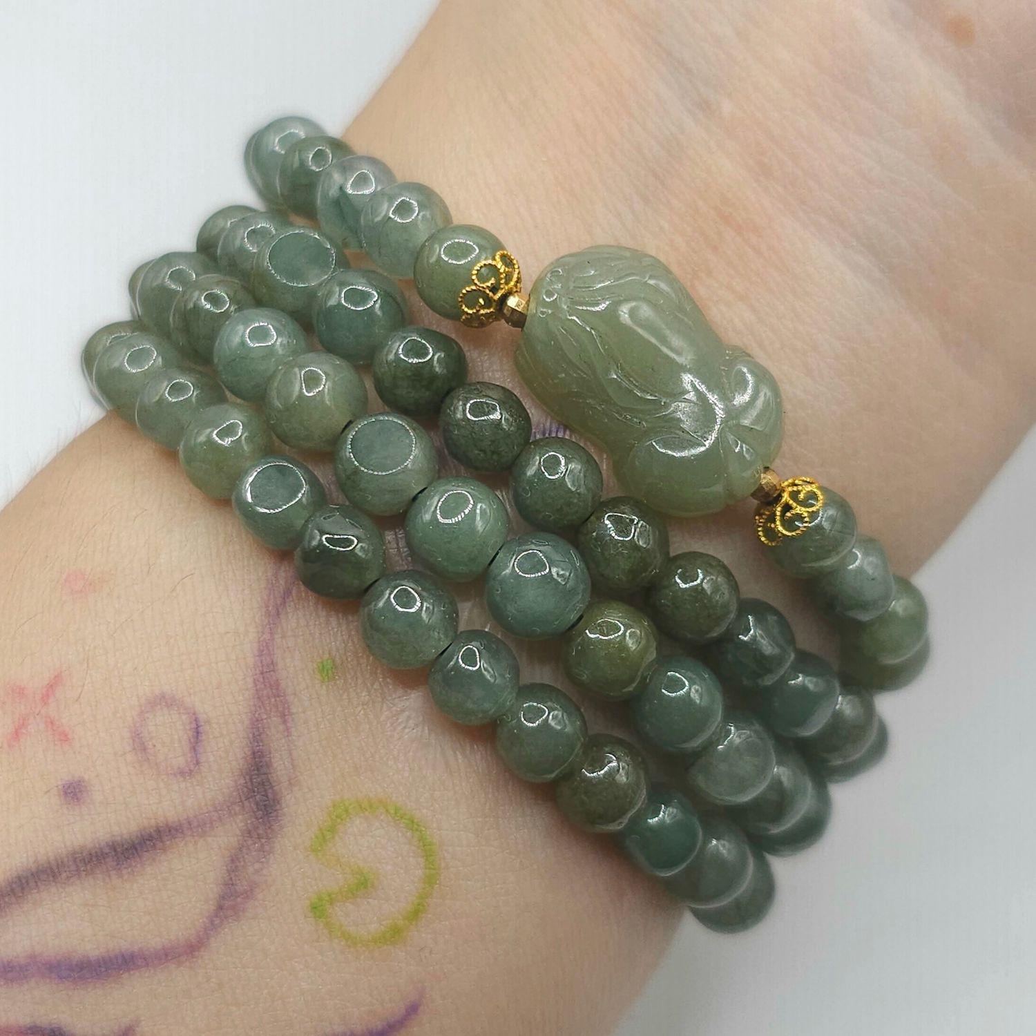 Natural 3 Lap Hetian Jade with Pixiu - 18K