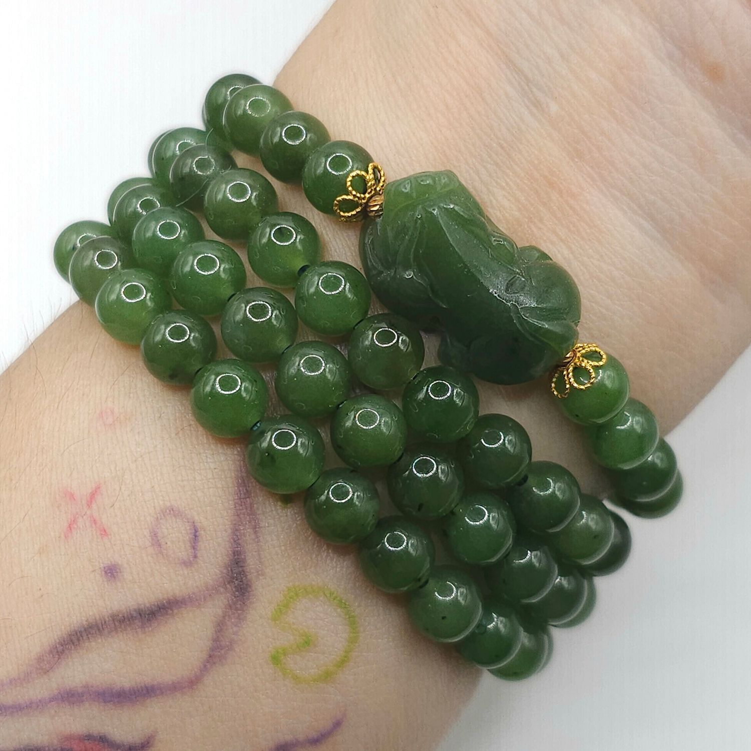 Natural 3 Lap Hetian Jade with Pixiu - 18K