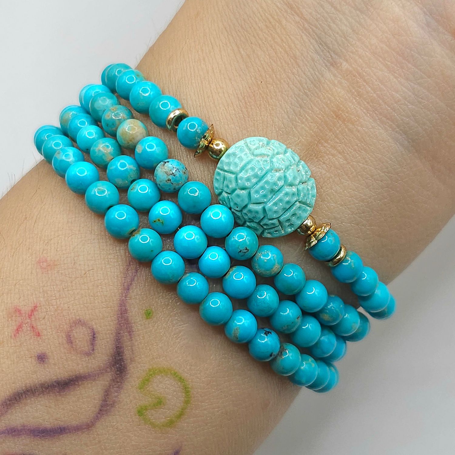 Natural 3 Lap Turquoise with Turtle Back