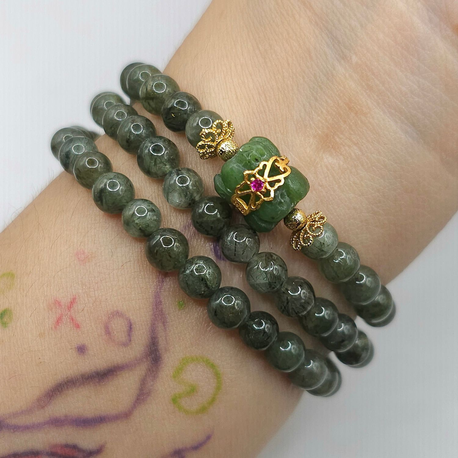 Natural 3 Lap Green Ruti with Double Lotus