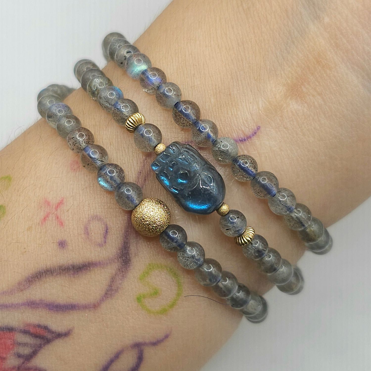 Natural 3 Lap Labradorite with Pixiu