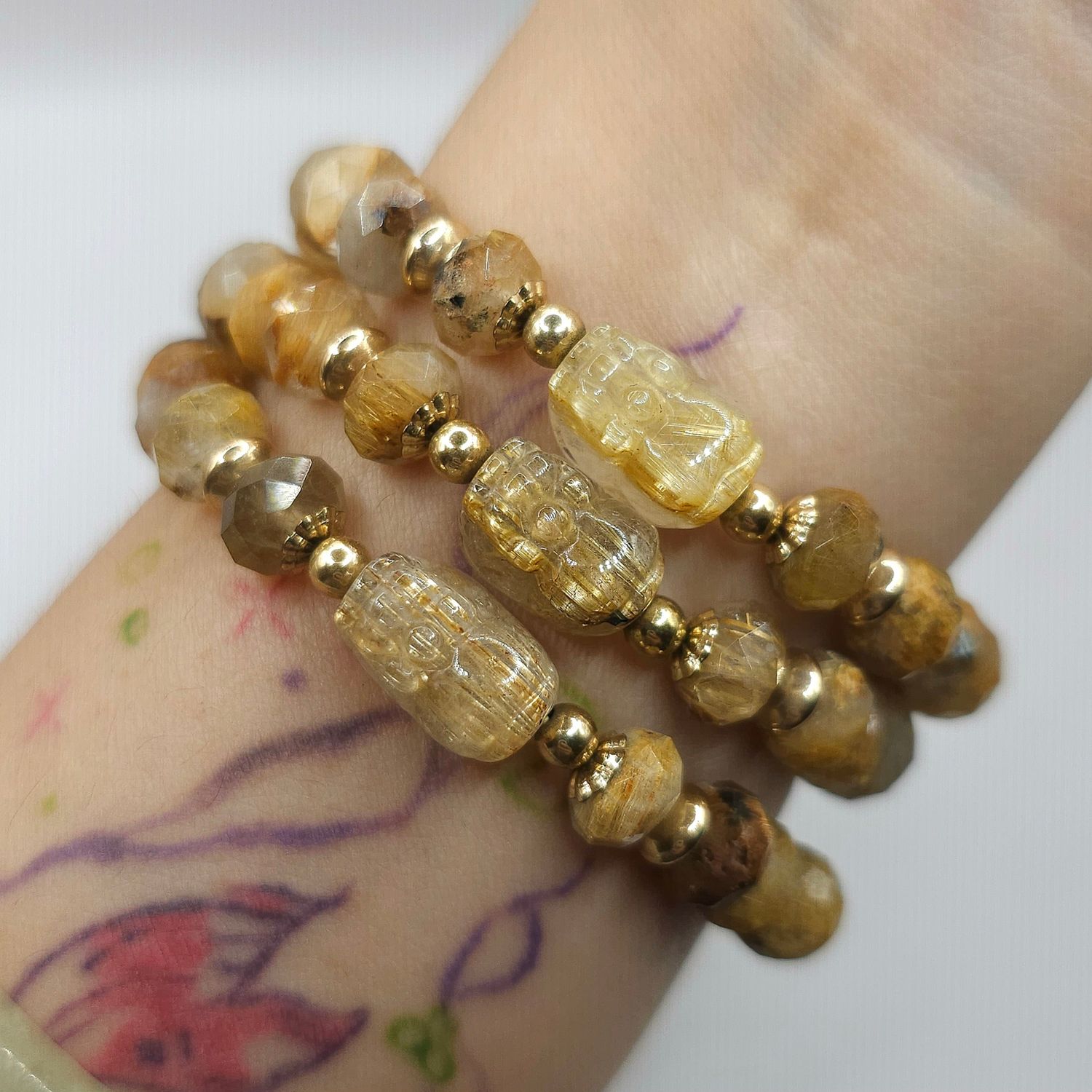 Natural 3 Lap Golden Ruti with Pixiu