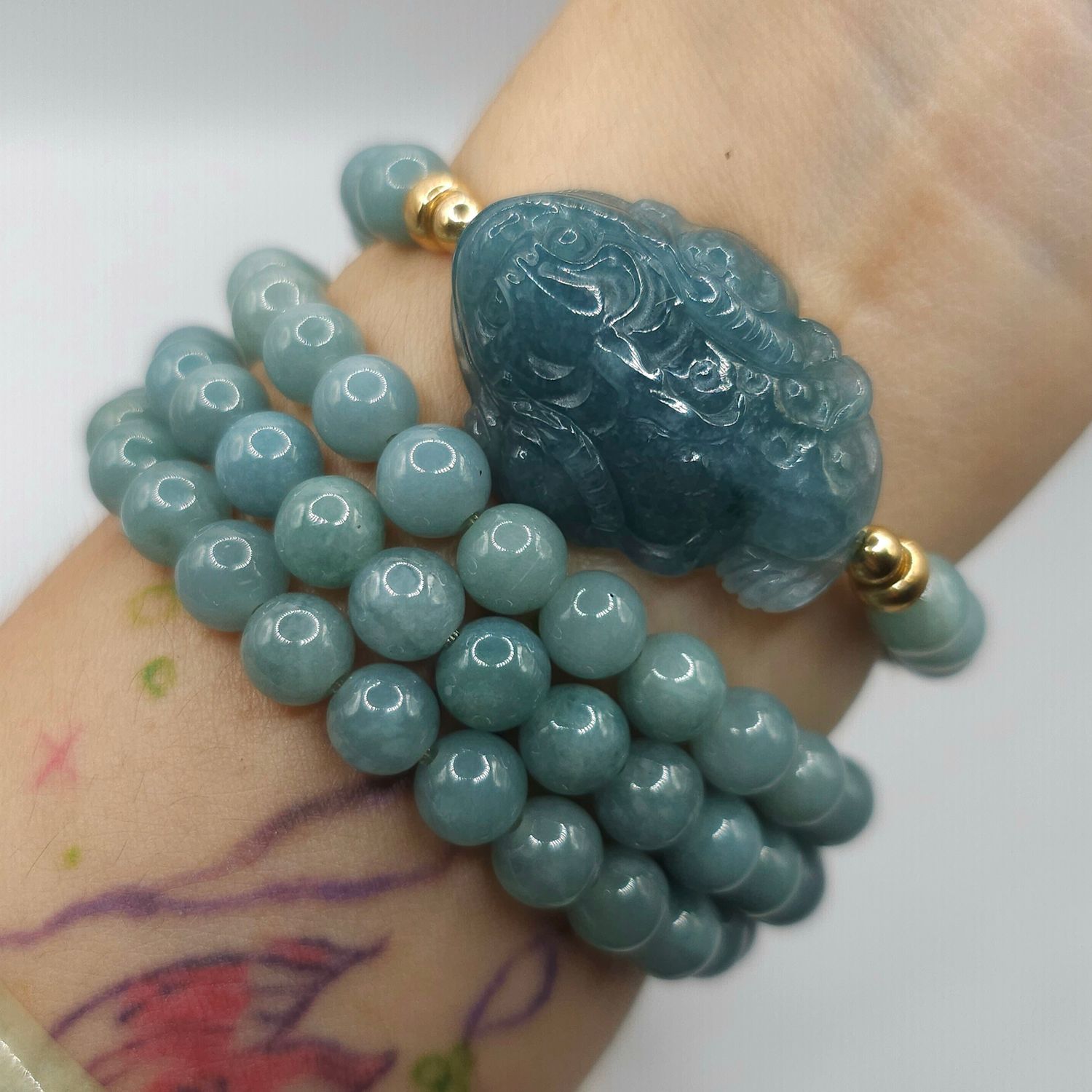 Natural 4 Lap Blue Water Jade with Dragon