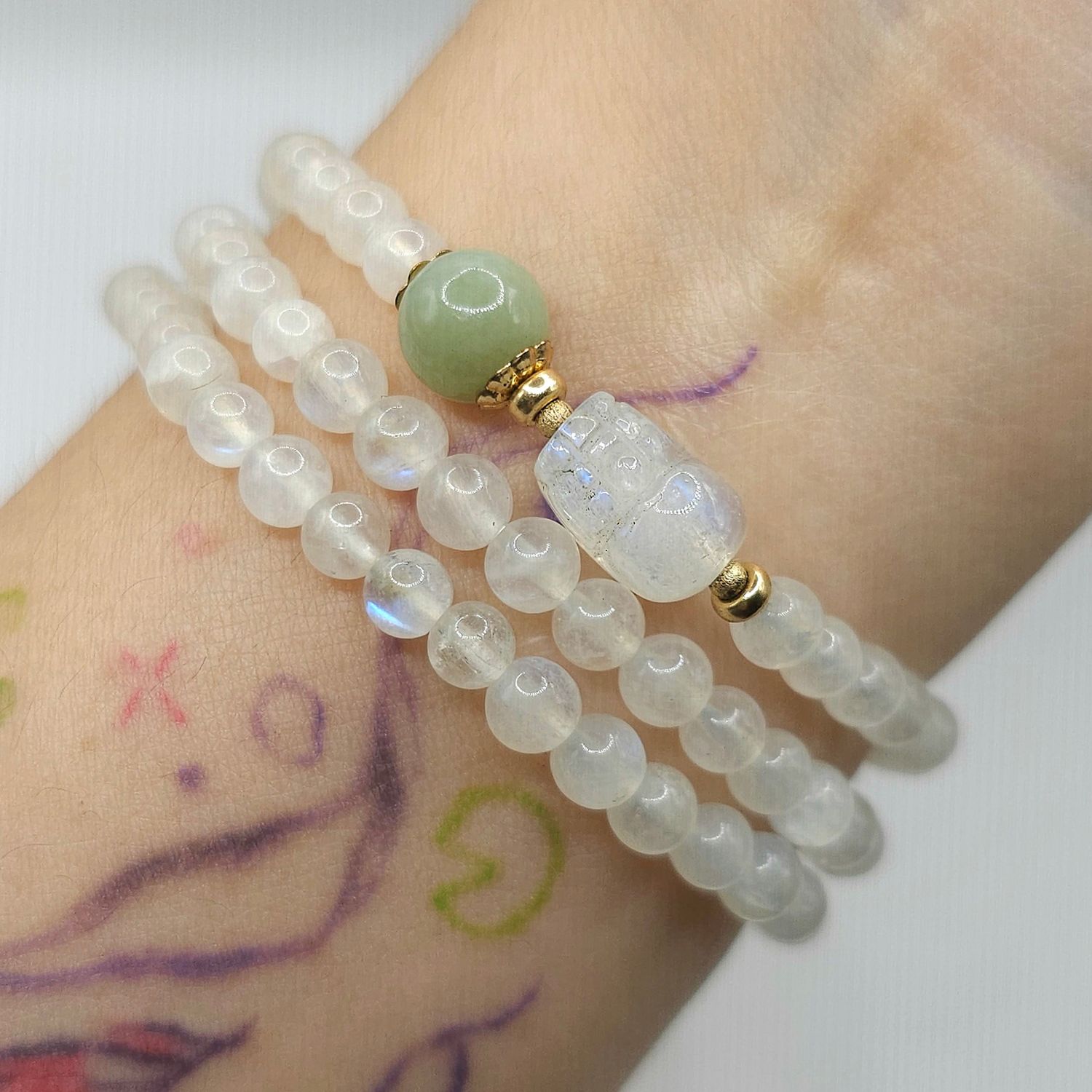 Natural 3 Lap Moonstone with Pixiu