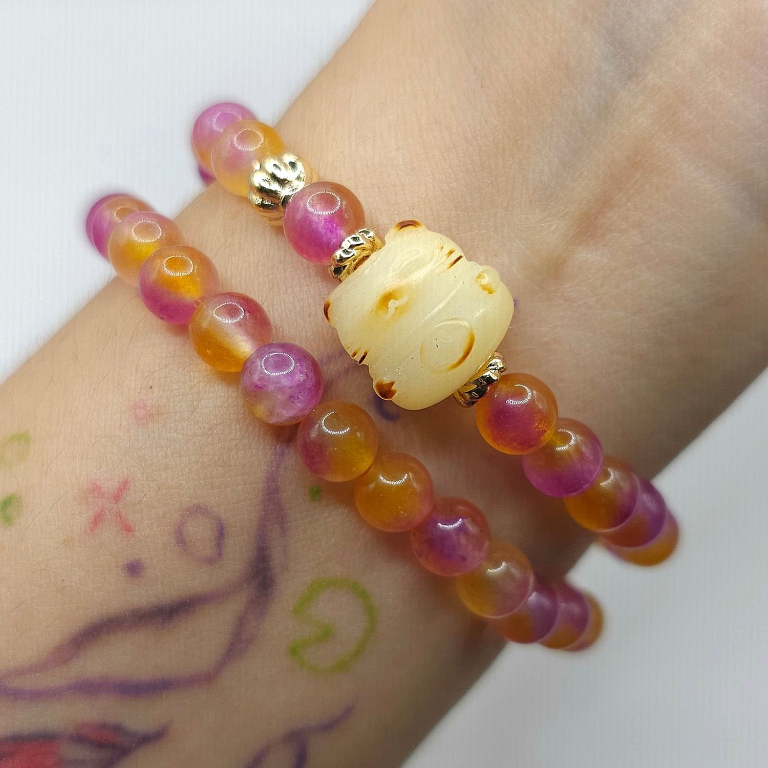 Natural 2 Lap Chalcedony with Lucky Cat